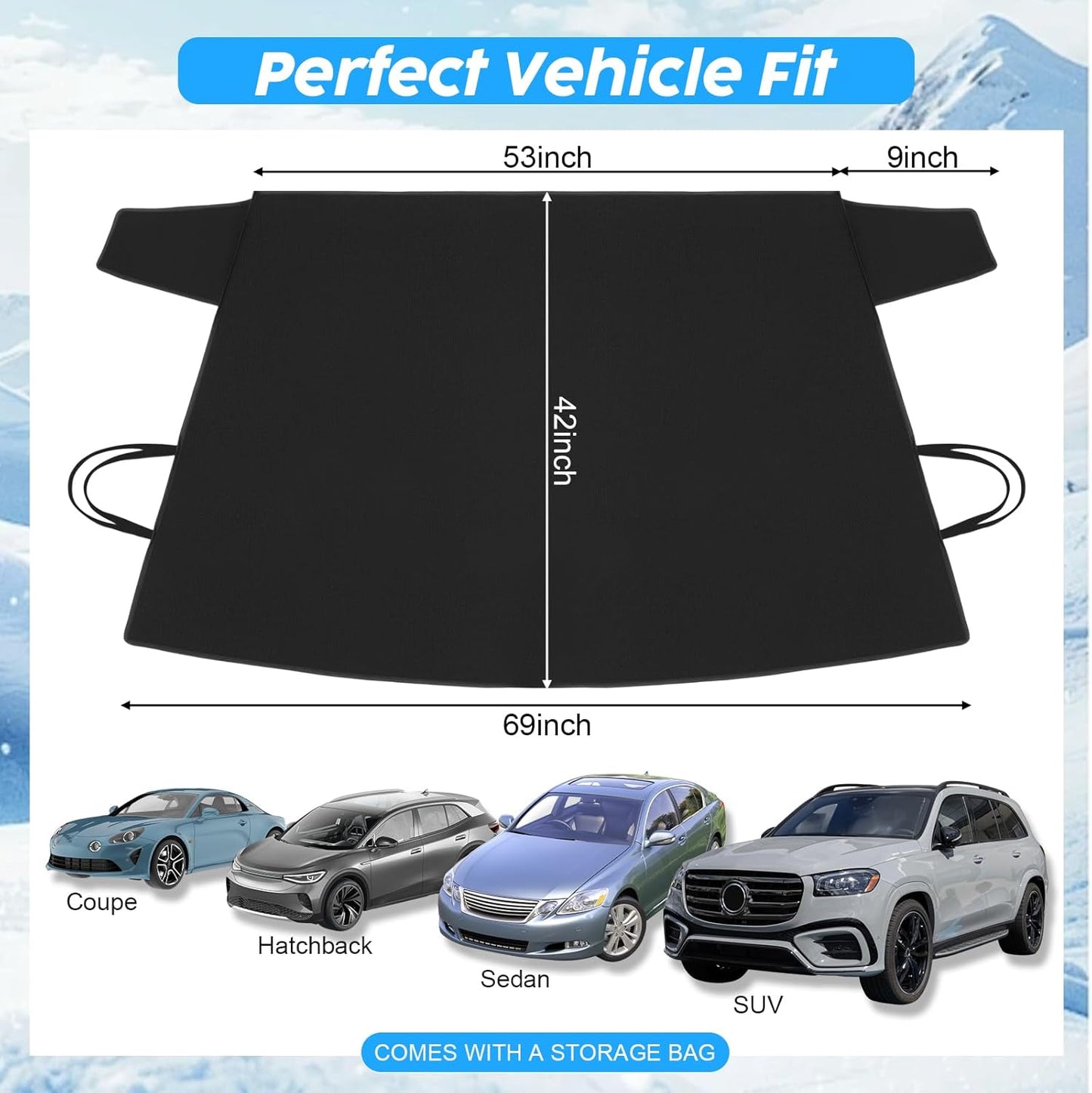 Windshield Cover for Ice and Snow Heavy Duty 600d Oxford Fabric Windshield Protector for Cars Suvs Trucks Secure Fit Waterproof Frost Cover for Winter Car Accessories, Black, 69"x42"