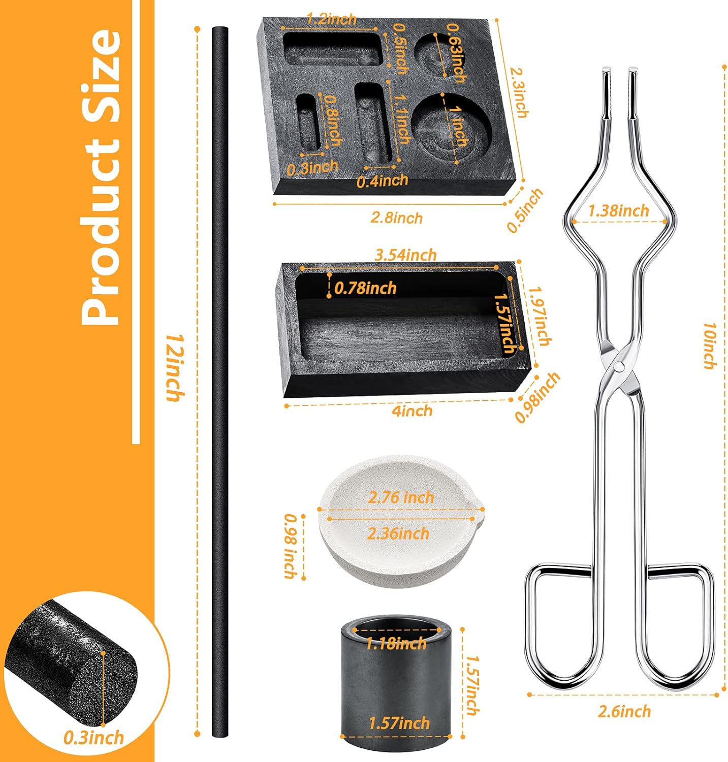 7 Pieces Graphite Torch Melting Casting Kit, Including 2 Graphite Crucible Stir Stick, Graphite Casting Mould 5-in-1 Graphite Casting Ingot Mould, Quartz Crucible, Cylindrical Graphite, Tong for Melt