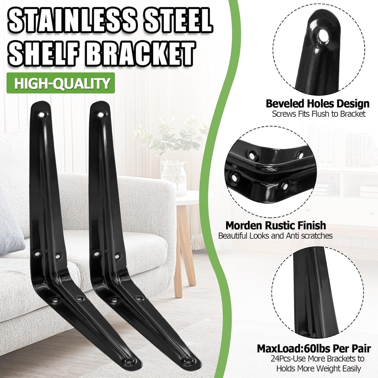 24 Pack Shelf Brackets 8 x 6 Inch, Heavy Duty Black Metal Floating Shelf Bracket, L Bracket Corner Brace Support J Bracket, Decorative Joint Angle Bracket for Hanging