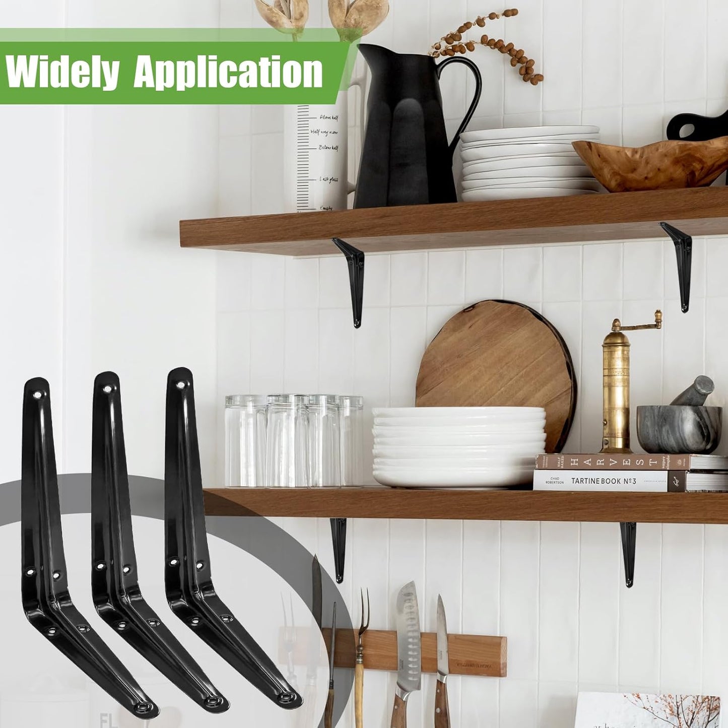 24 Pack Shelf Brackets 8 x 6 Inch, Heavy Duty Black Metal Floating Shelf Bracket, L Bracket Corner Brace Support J Bracket, Decorative Joint Angle Bracket for Hanging