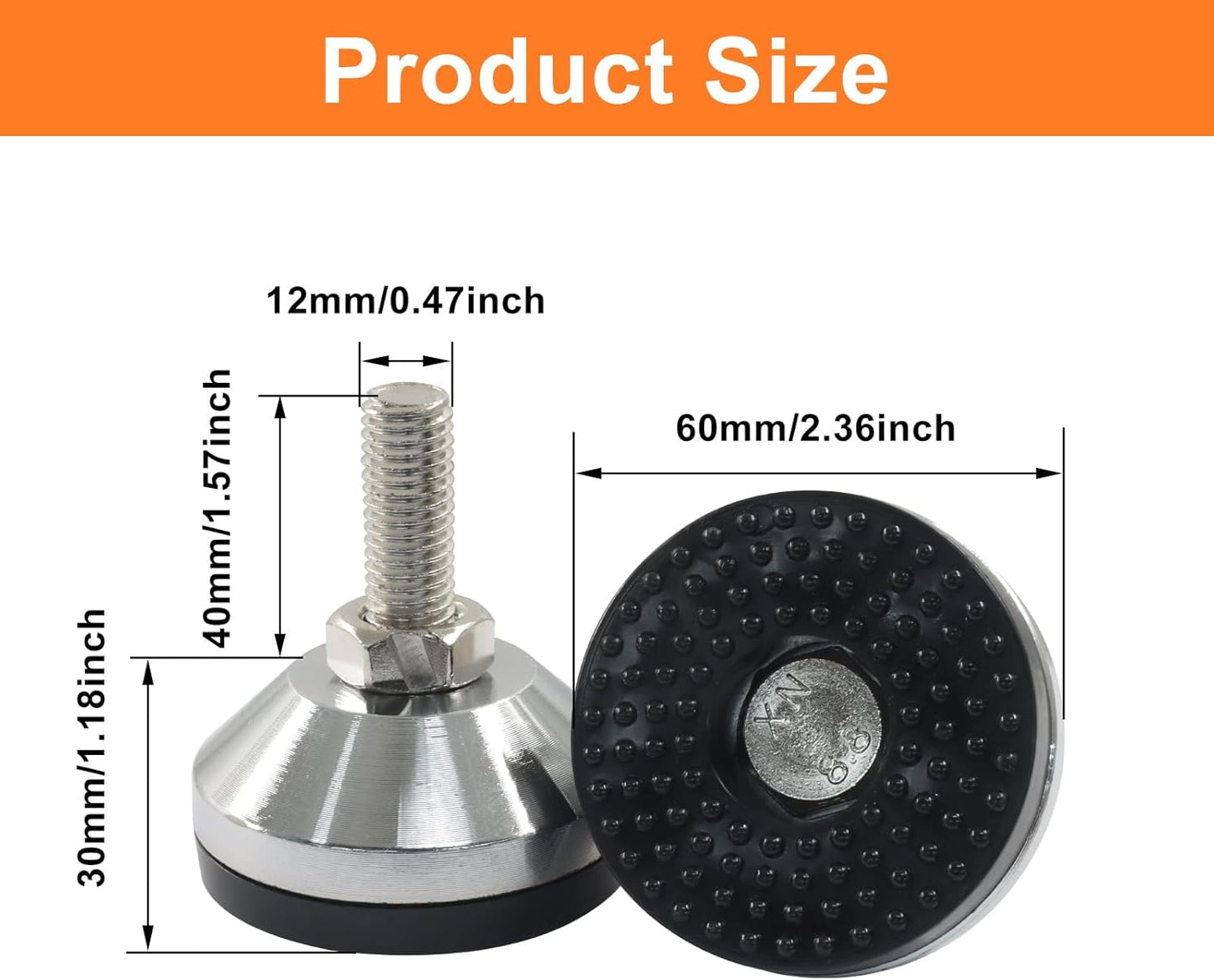 4 Pack Heavy Duty Leveling Feet, Adjustable Leg Leveler Anti Skid Furniture Feet, Threaded Rubber Swivel Levelers for Workbench/Machine/Cabinet(D60xM12x40), Silver + Black