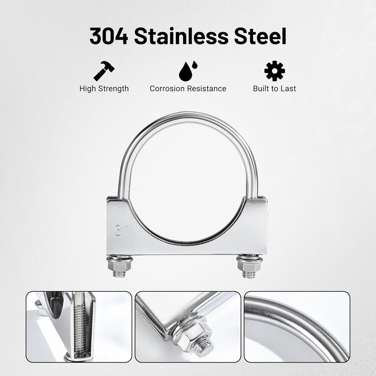 3" Heavy Duty U Bolt Exhaust Clamp, 3 Inch Stainless Steel U Muffler Clamps, Saddle Style, 2PCS