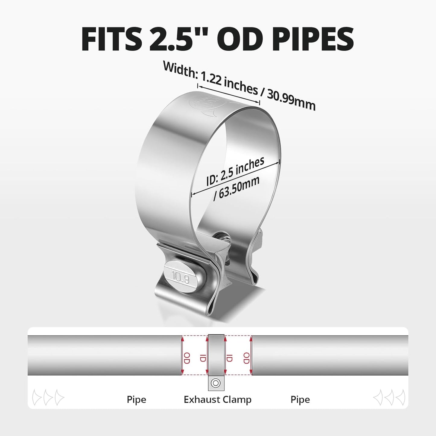 2.5 Inch Exhaust Clamp, 2 1/2" Narrow Band Muffler Clamp Stainless Steel for Pipes, Mufflers, Catalytic Converters 2PCS