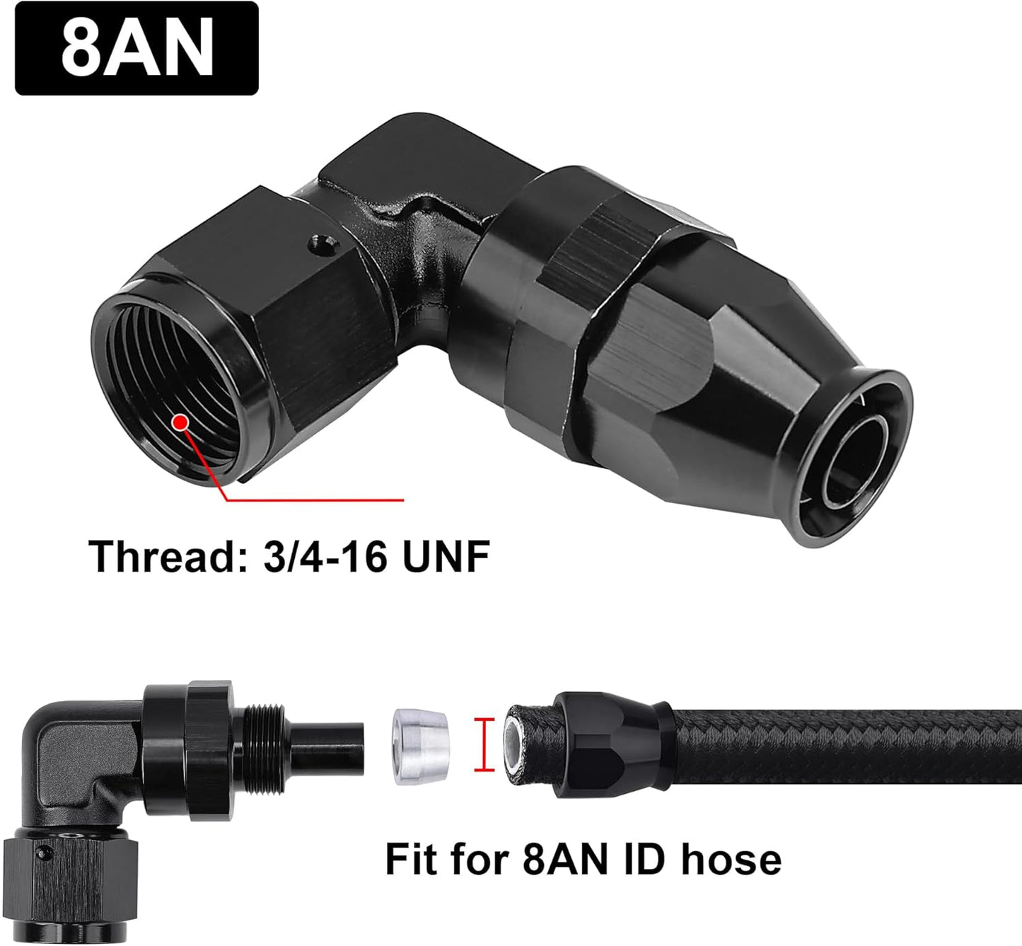 8AN PTFE Hose End Fitting 90 Degree Black Tight Radius Aluminum for Teflon Hose Only