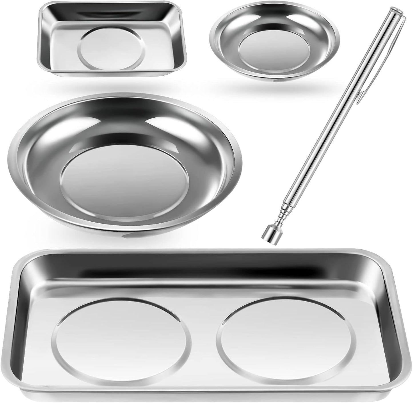 4 pcs Magnetic Tray with Magnetic Pin Screw Bolt Holder Round Magnet Parts Bowl Stainless Steel Pickup Tool Tray for Mechanic's