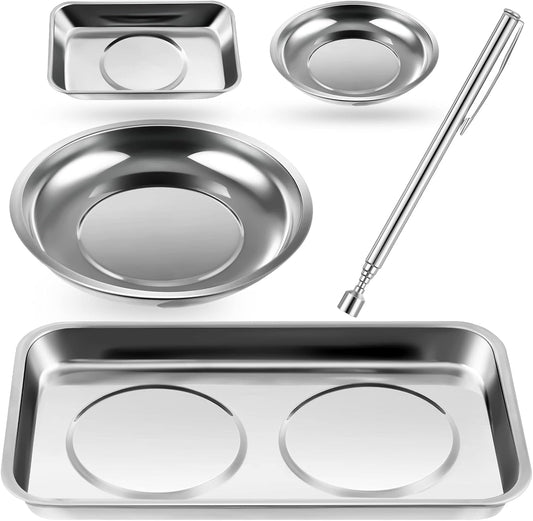 4 pcs Magnetic Tray with Magnetic Pin Screw Bolt Holder Round Magnet Parts Bowl Stainless Steel Pickup Tool Tray for Mechanic's