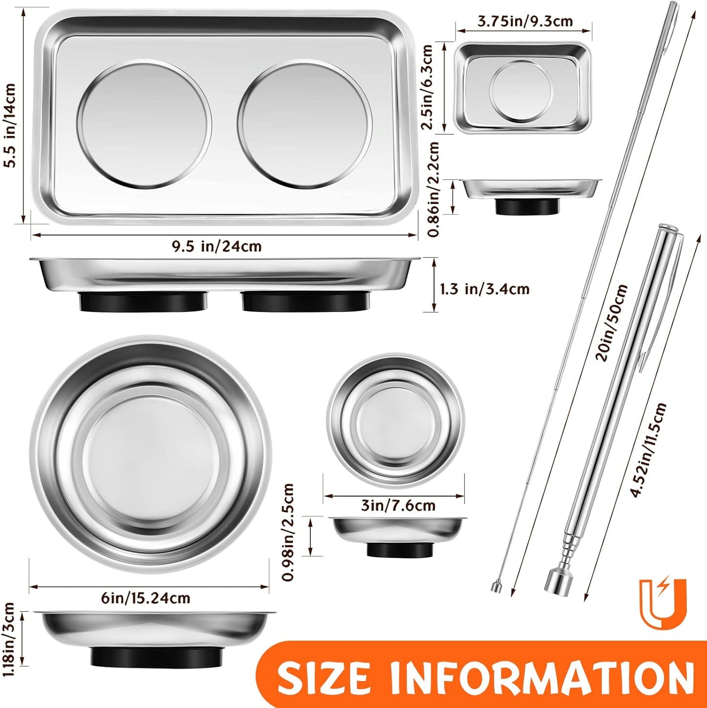 4 pcs Magnetic Tray with Magnetic Pin Screw Bolt Holder Round Magnet Parts Bowl Stainless Steel Pickup Tool Tray for Mechanic's