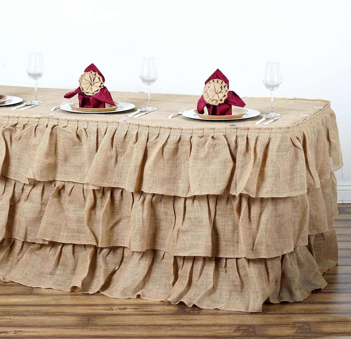 Efavormart 3 Tier Rustic Elegant Ruffled Burlap Table Skirt for Kitchen Dining Catering Wedding Party Decorations Events - 14 Ft