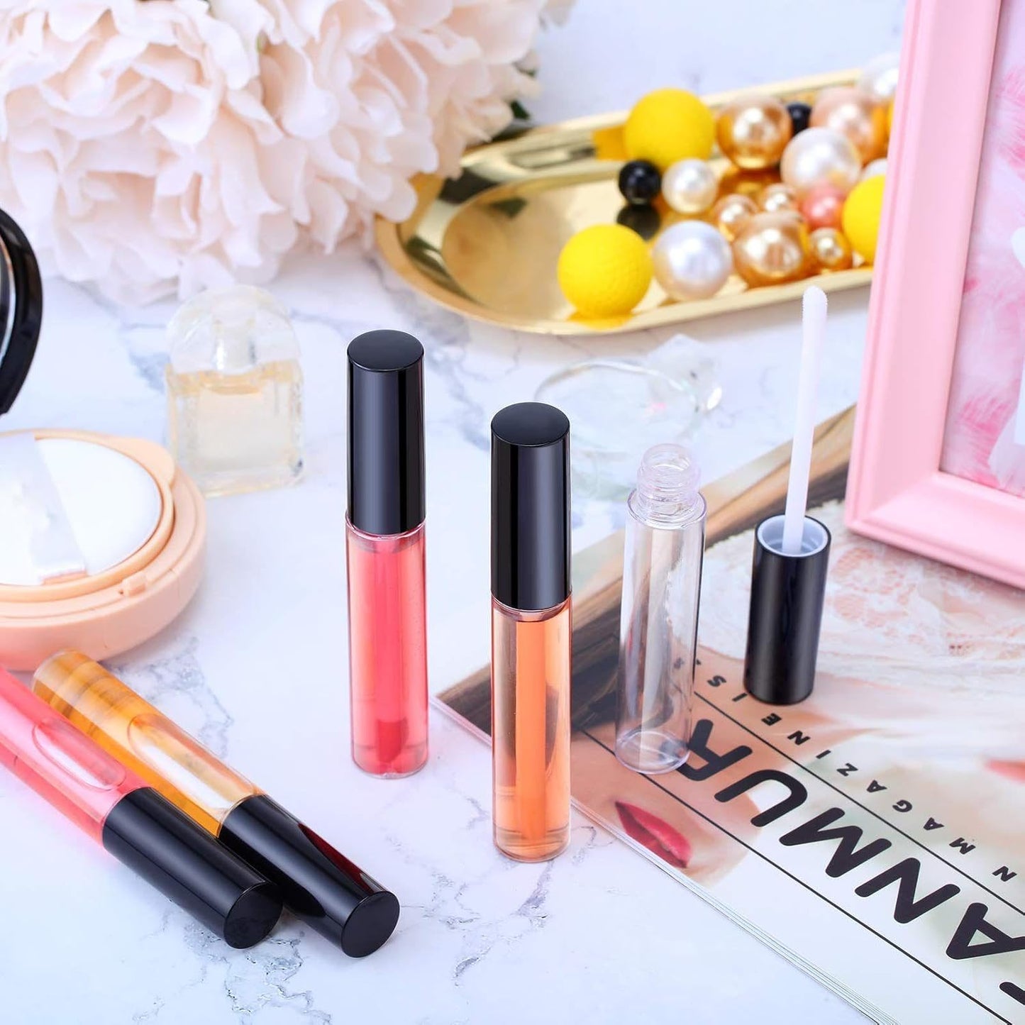 50 Pack 10 ml Empty Lip Gloss Tube Containers Clear Refillable Lip Balm Bottles Plastic Lipstick Tubes with Rubber Inserts Cosmetic Tools for Travel, DIY Makeup, Personal Cosmetic(Black)