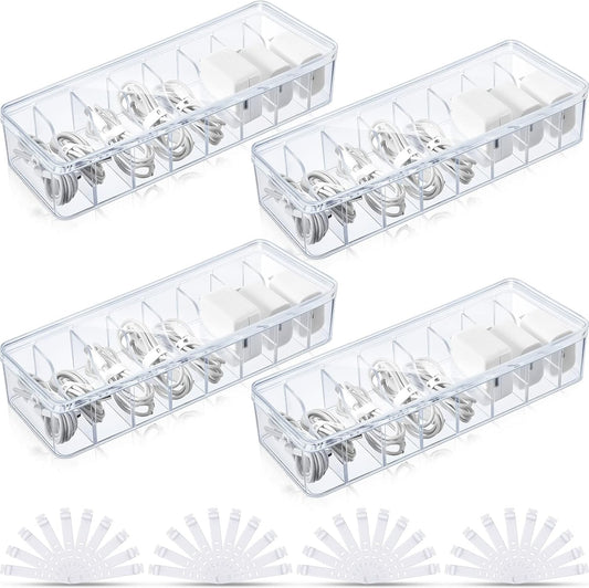 4 Pcs Cable Organizer Box with Wire Ties, Plastic Cord Storage Box with Lid, Electronics Organizer for Home Office Desk Organizers and Accessories (Clear)