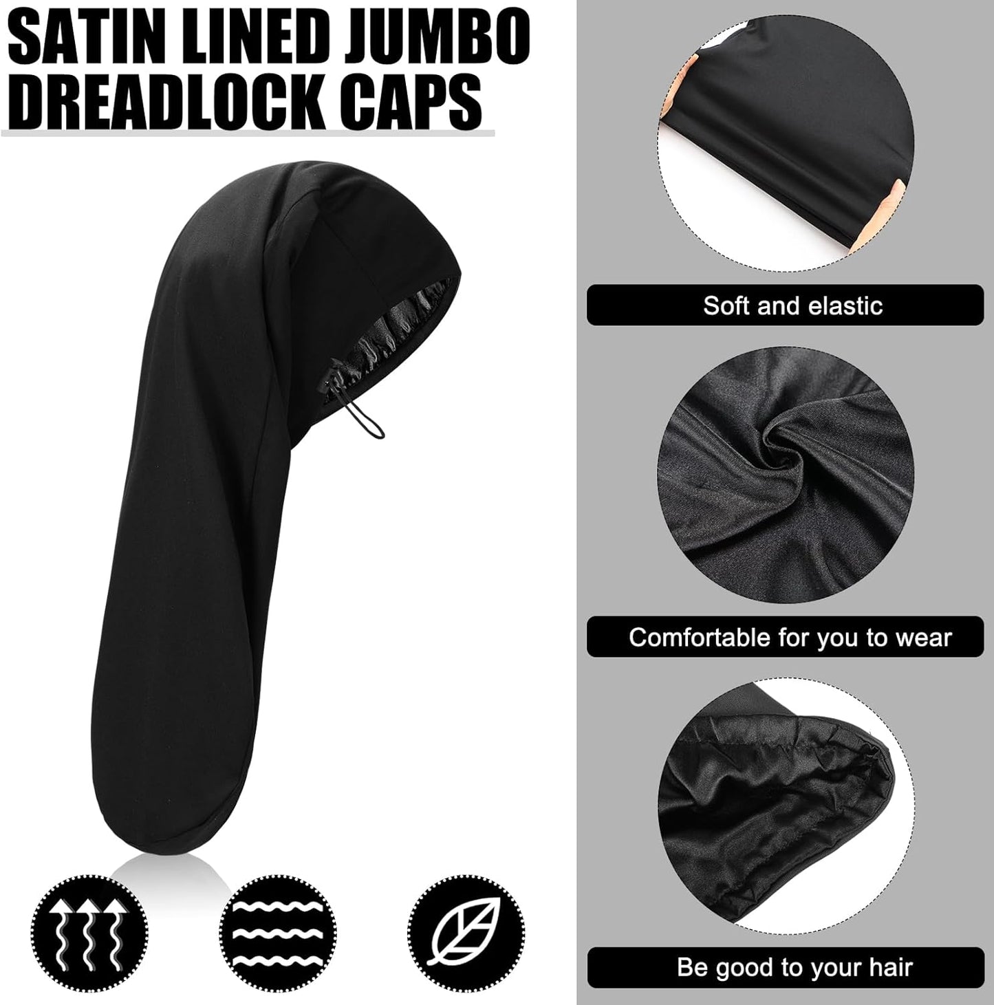 2 Pieces Satin Lined Unisex Jumbo Dreadlock Cap Long Dreads Hair Head Wrap Sleeping Cap Hair Accessories Sleep Bonnet