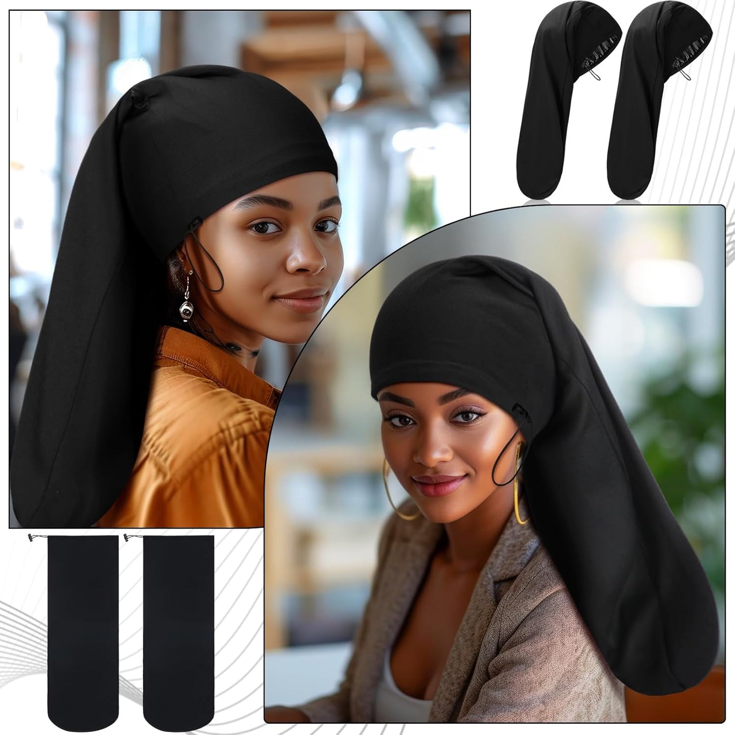 2 Pieces Satin Lined Unisex Jumbo Dreadlock Cap Long Dreads Hair Head Wrap Sleeping Cap Hair Accessories Sleep Bonnet