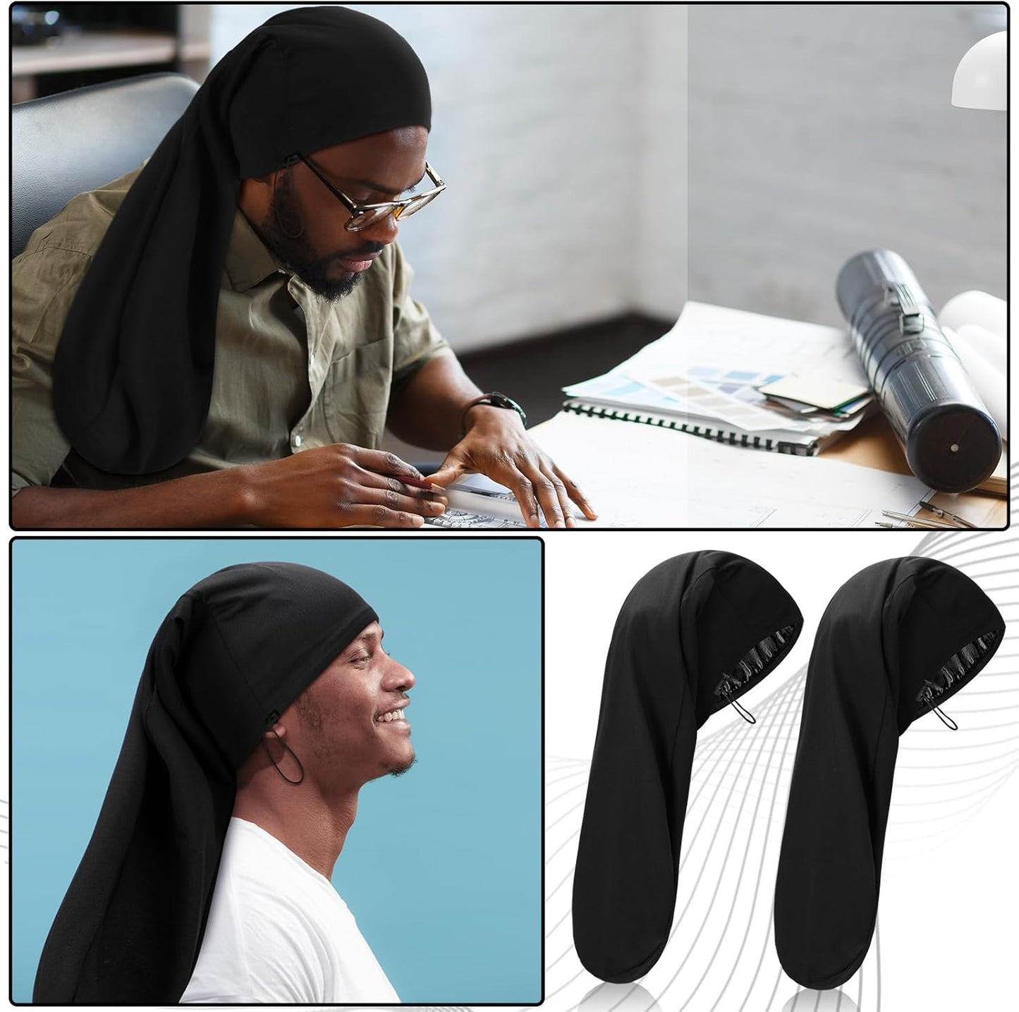 2 Pieces Satin Lined Unisex Jumbo Dreadlock Cap Long Dreads Hair Head Wrap Sleeping Cap Hair Accessories Sleep Bonnet