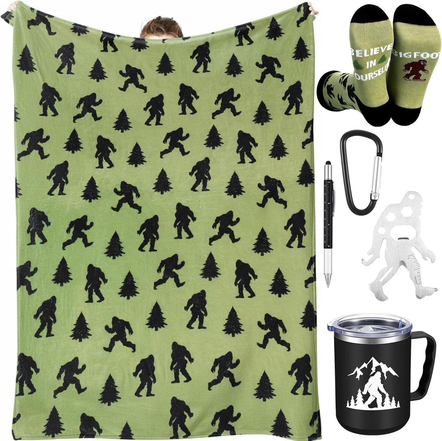 5 Pcs Bigfoot Sasquatch Gifts Sasquatch Lovers Gift with Large Blanket 12 oz Insulated Tumbler Socks Can Opener Keychain and Ballpoint Pen for Men Women Dad Grandpa Gifts