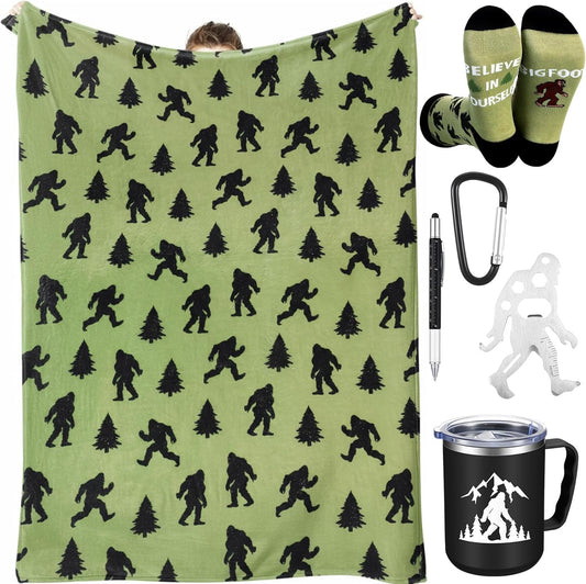 5 Pcs Bigfoot Sasquatch Gifts Sasquatch Lovers Gift with Large Blanket 12 oz Insulated Tumbler Socks Can Opener Keychain and Ballpoint Pen for Men Women Dad Grandpa Gifts