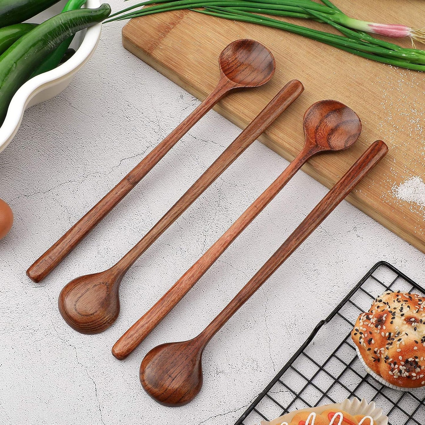 6 Pcs 11 Inch Wood Long Spoons Wooden Long Handle Round Scoops Korean Style Soup Spoons for Soup Cooking Mixing Stirring Kitchen Tools Utensils(Brown)