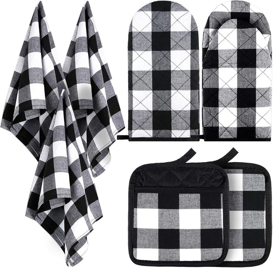 7 Pieces Buffalo Check Dish Towels Pot Holders Oven Mitts Set Cotton Plaid Kitchen Dish Towels Non-Slip Heat Resistant Oven Mitts and Pot Holders for Cooking Baking Grilling Supply (Black with White)