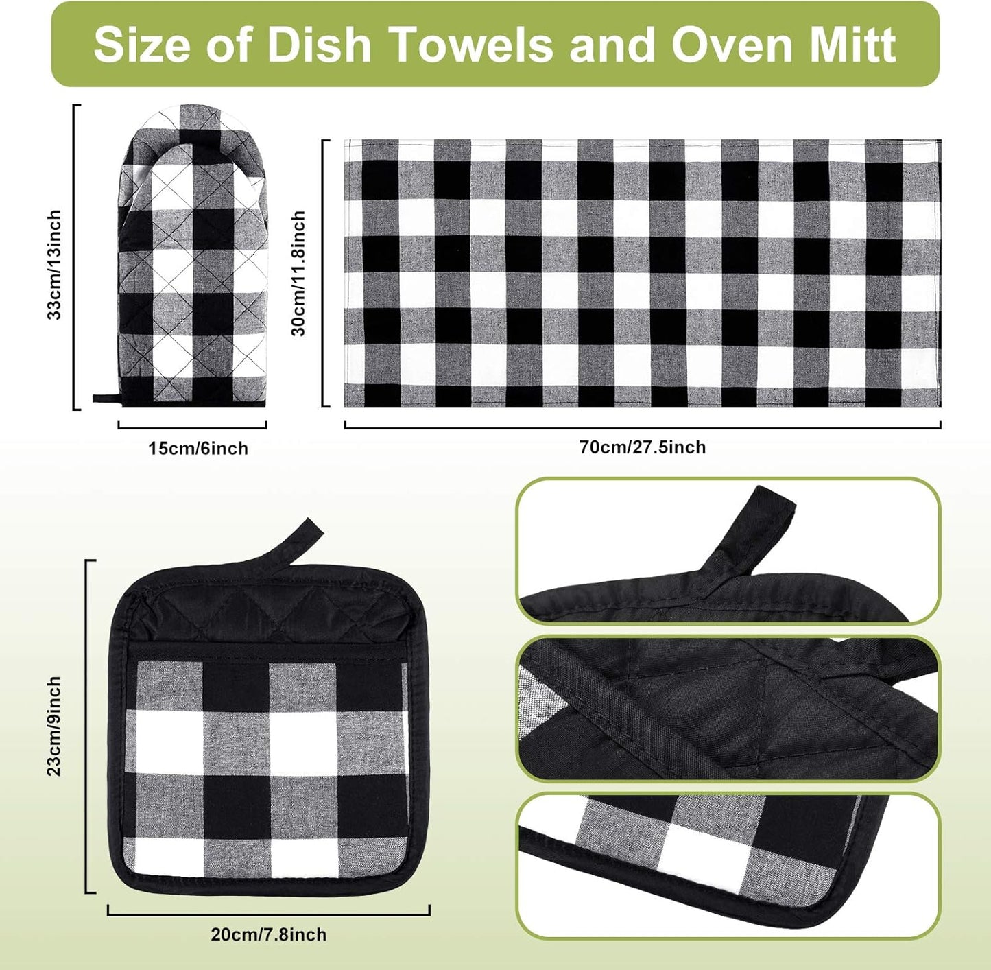 7 Pieces Buffalo Check Dish Towels Pot Holders Oven Mitts Set Cotton Plaid Kitchen Dish Towels Non-Slip Heat Resistant Oven Mitts and Pot Holders for Cooking Baking Grilling Supply (Black with White)