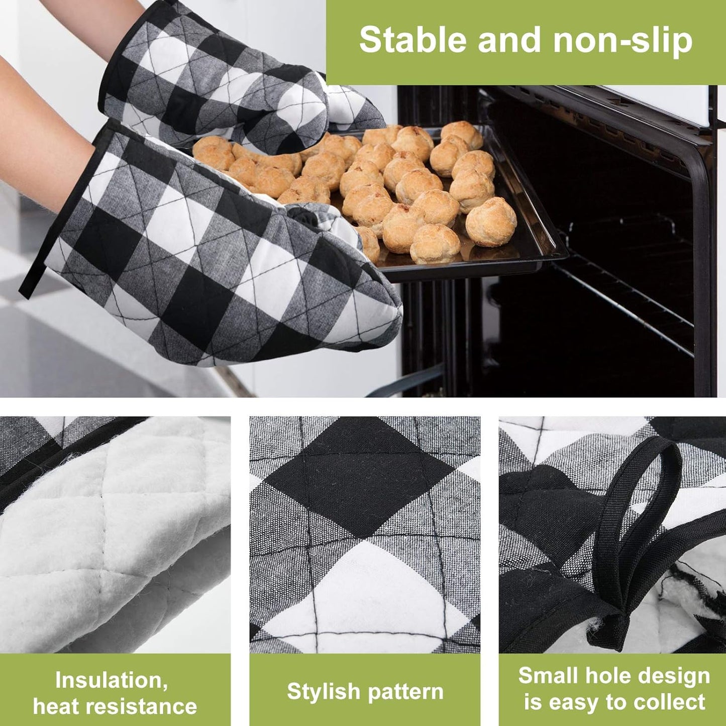 7 Pieces Buffalo Check Dish Towels Pot Holders Oven Mitts Set Cotton Plaid Kitchen Dish Towels Non-Slip Heat Resistant Oven Mitts and Pot Holders for Cooking Baking Grilling Supply (Black with White)