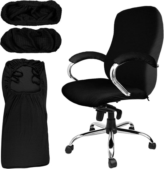 3 Pcs Computer Office Chair Cover Universal Rotating Chair Slipcovers Protector Removable Washable Office Armrest Covers with Zipper for High Back Seat Backrest(L,Waffle,Black)