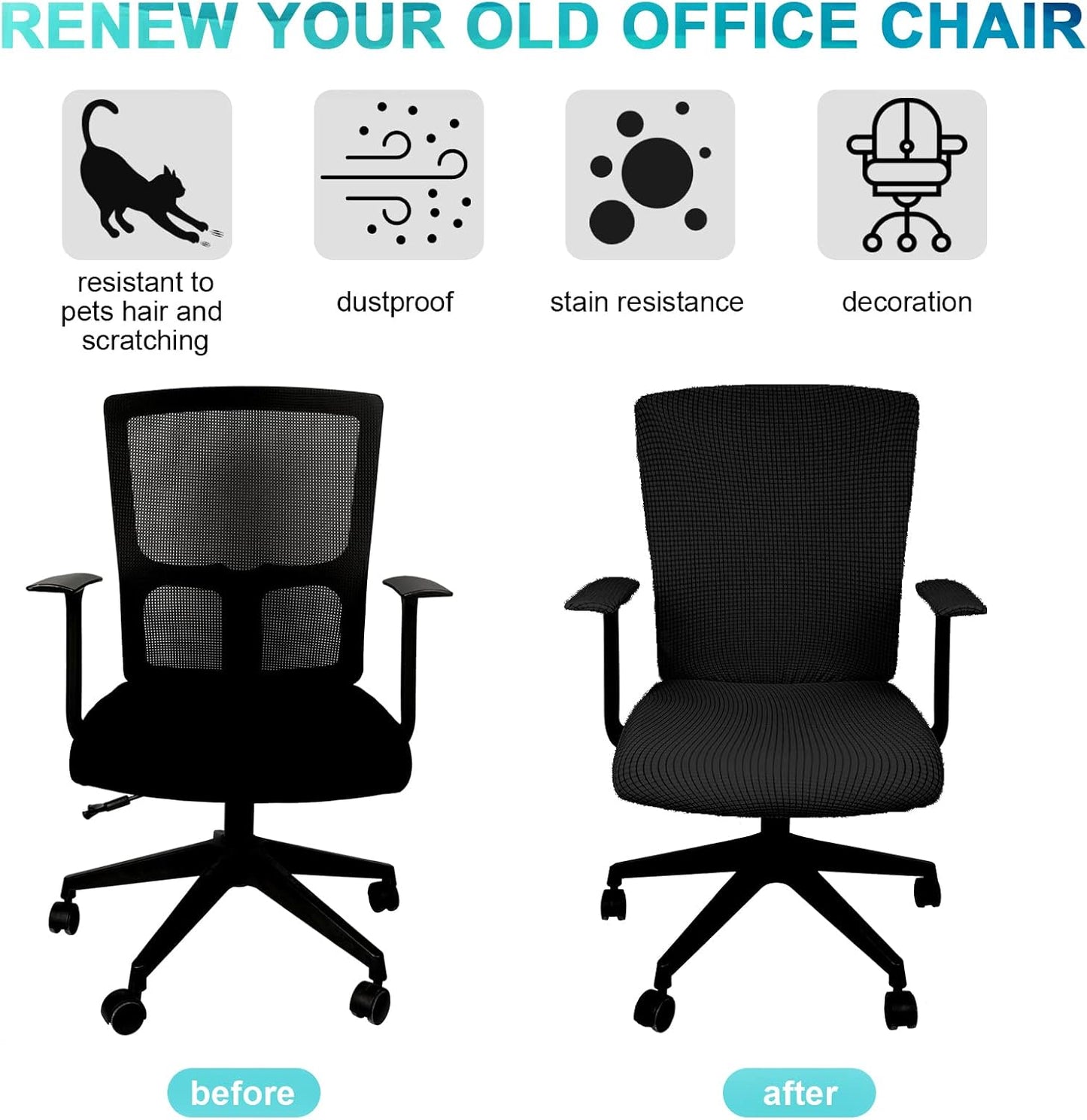 3 Pcs Computer Office Chair Cover Universal Rotating Chair Slipcovers Protector Removable Washable Office Armrest Covers with Zipper for High Back Seat Backrest(L,Waffle,Black)