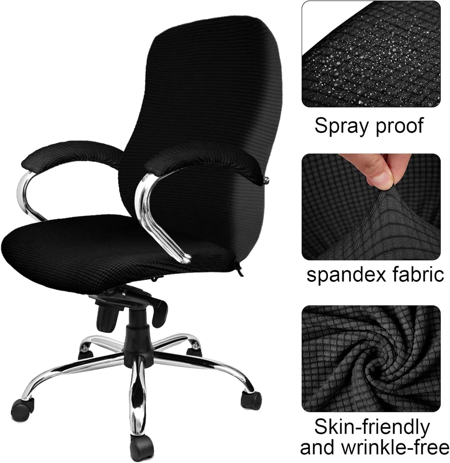 3 Pcs Computer Office Chair Cover Universal Rotating Chair Slipcovers Protector Removable Washable Office Armrest Covers with Zipper for High Back Seat Backrest(L,Waffle,Black)