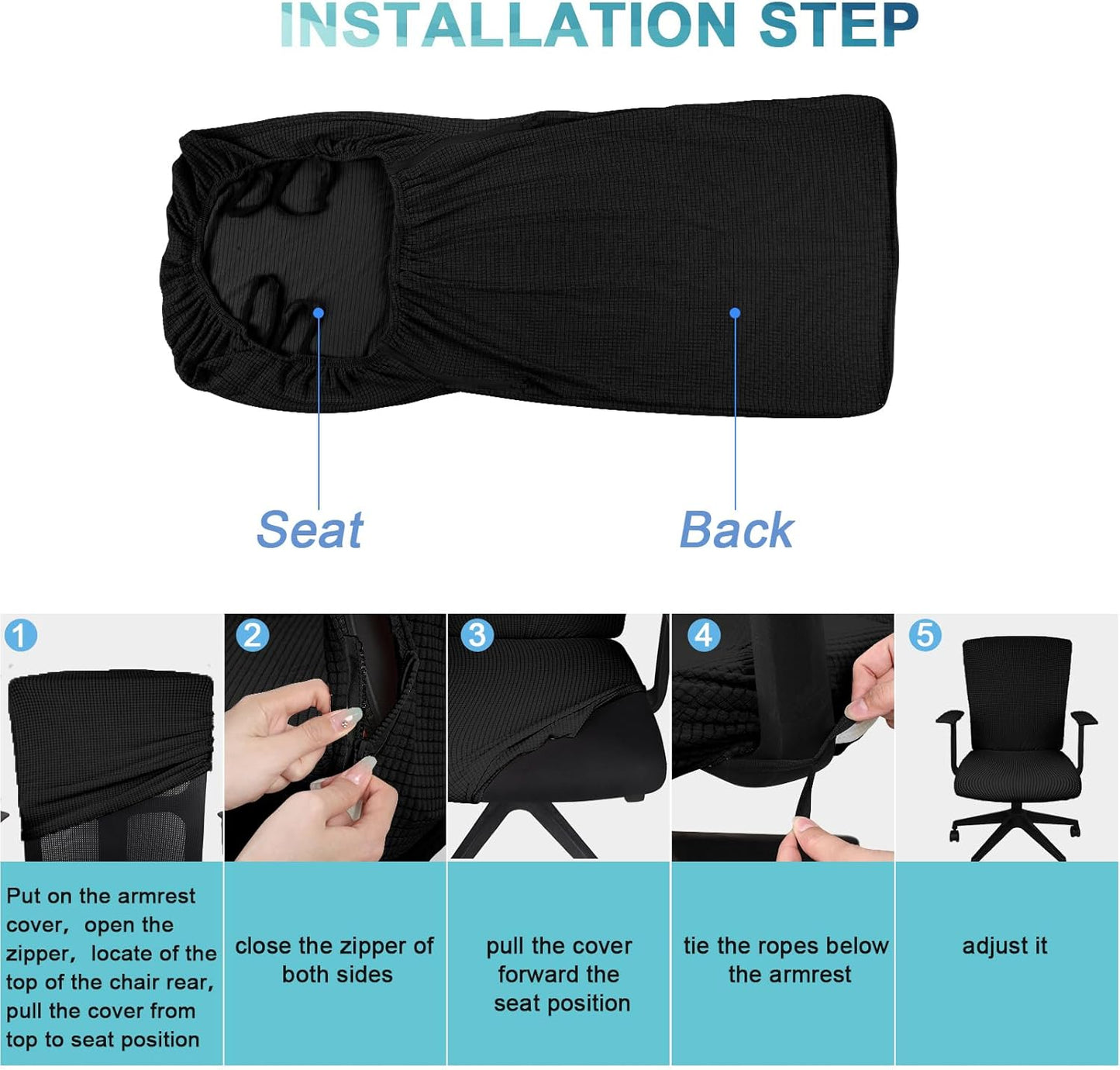 3 Pcs Computer Office Chair Cover Universal Rotating Chair Slipcovers Protector Removable Washable Office Armrest Covers with Zipper for High Back Seat Backrest(L,Waffle,Black)