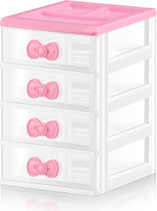 Lovely Receiving Storage Cabinets Kawaii Makeup Organizer with 4 Layers Cute Storage Cabinet Box with Bow Handle Plastic Desktop Storage Box for Home Bedroom Bathroom Women Gifts(Clear)