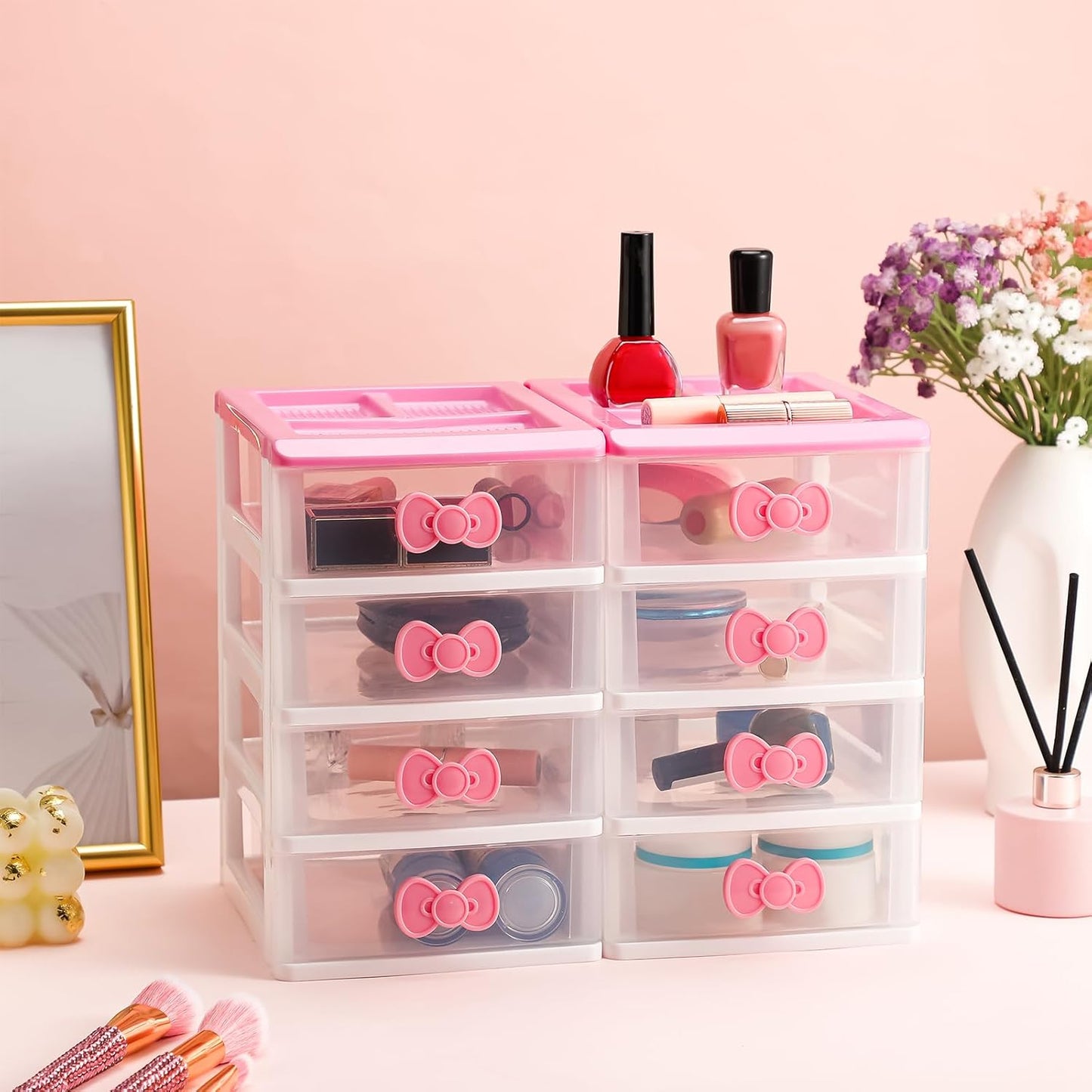 Lovely Receiving Storage Cabinets Kawaii Makeup Organizer with 4 Layers Cute Storage Cabinet Box with Bow Handle Plastic Desktop Storage Box for Home Bedroom Bathroom Women Gifts(Clear)