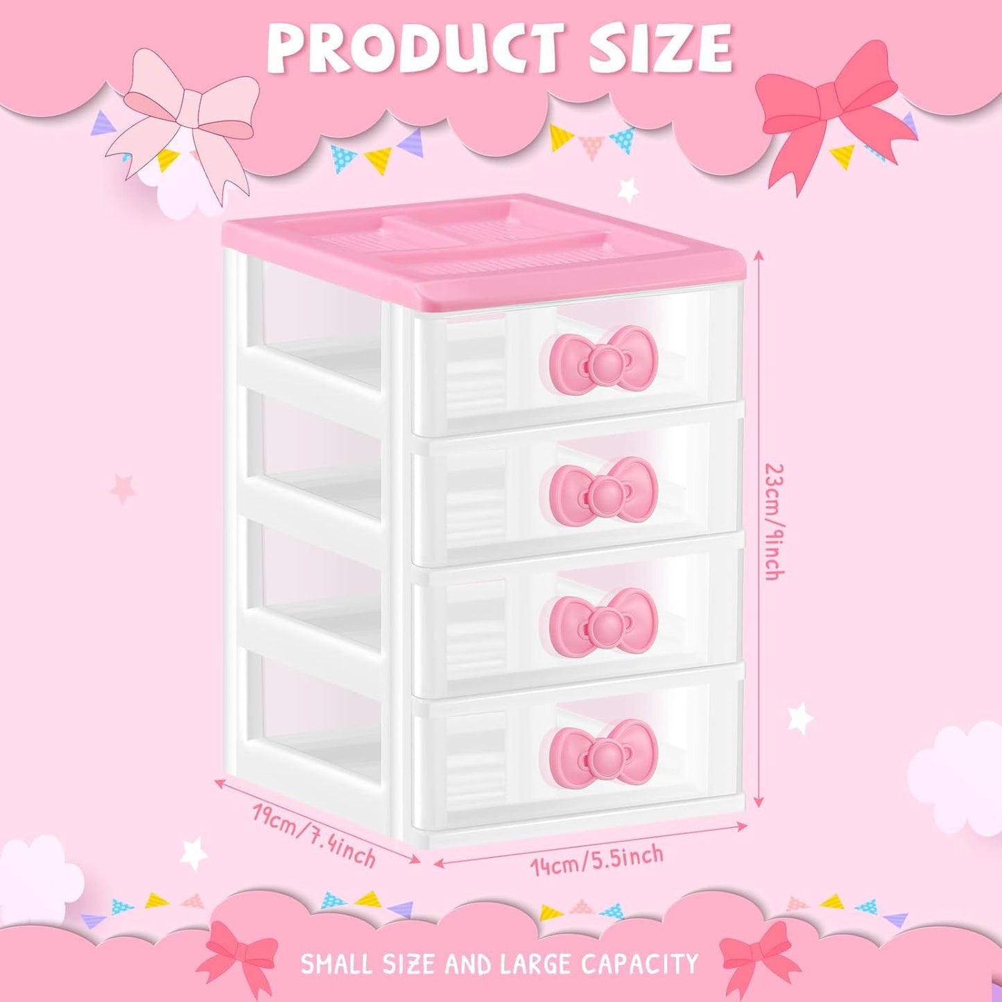 Lovely Receiving Storage Cabinets Kawaii Makeup Organizer with 4 Layers Cute Storage Cabinet Box with Bow Handle Plastic Desktop Storage Box for Home Bedroom Bathroom Women Gifts(Clear)