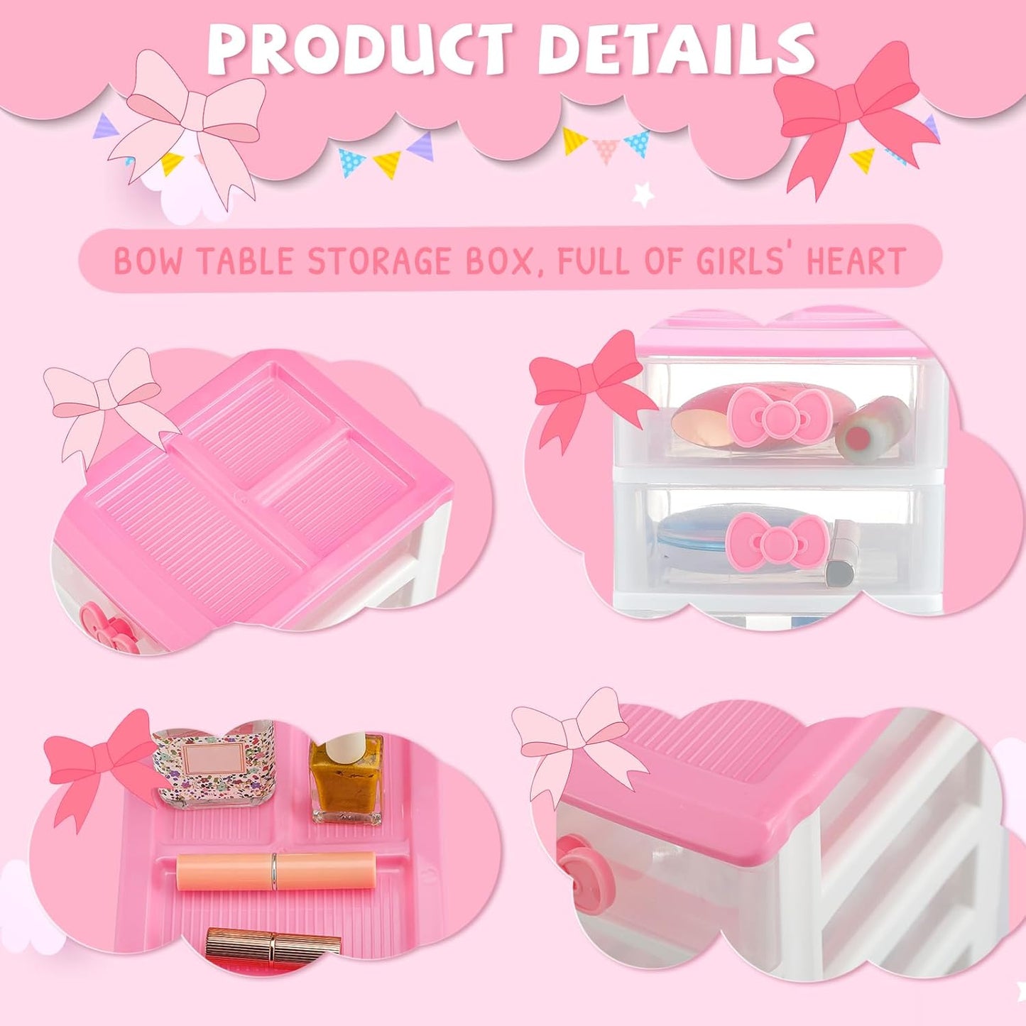 Lovely Receiving Storage Cabinets Kawaii Makeup Organizer with 4 Layers Cute Storage Cabinet Box with Bow Handle Plastic Desktop Storage Box for Home Bedroom Bathroom Women Gifts(Clear)