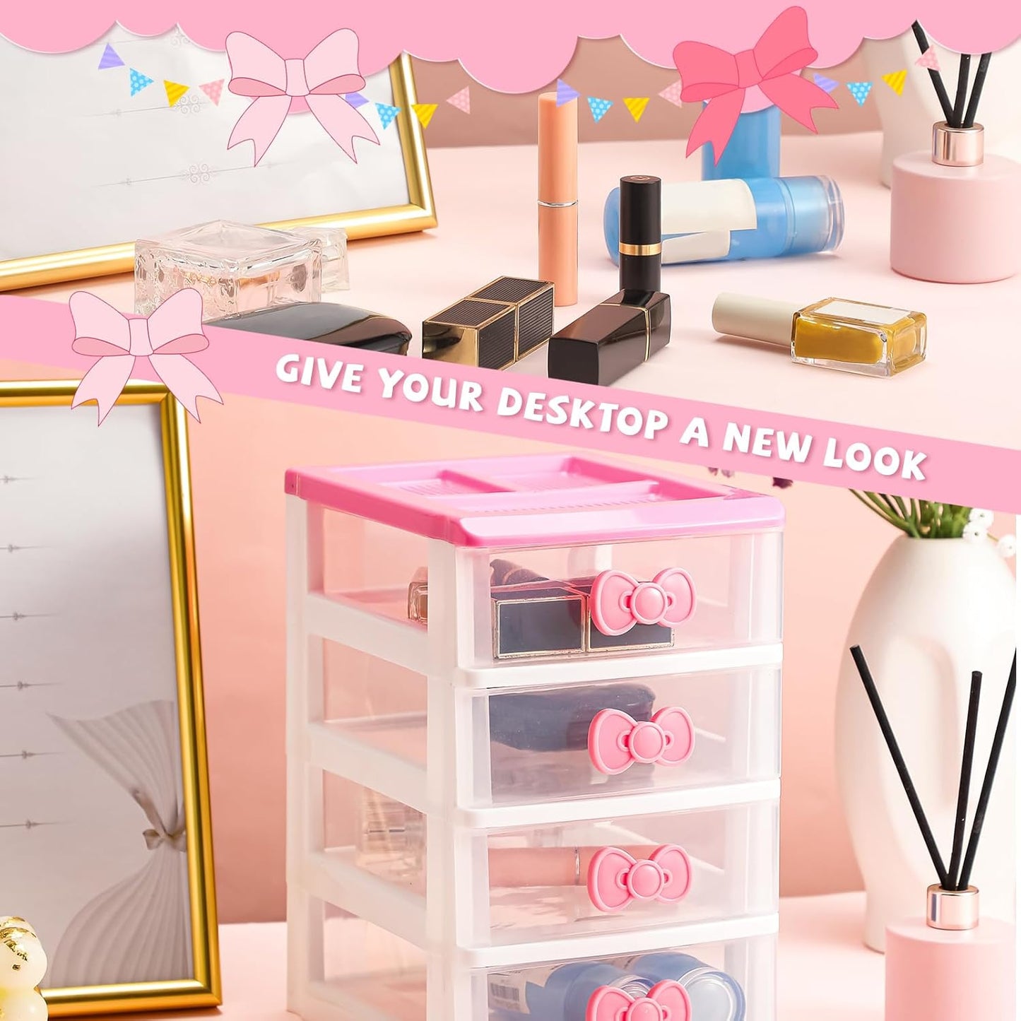 Lovely Receiving Storage Cabinets Kawaii Makeup Organizer with 4 Layers Cute Storage Cabinet Box with Bow Handle Plastic Desktop Storage Box for Home Bedroom Bathroom Women Gifts(Clear)