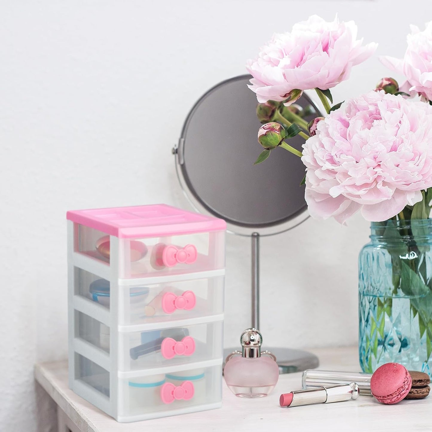 Lovely Receiving Storage Cabinets Kawaii Makeup Organizer with 4 Layers Cute Storage Cabinet Box with Bow Handle Plastic Desktop Storage Box for Home Bedroom Bathroom Women Gifts(Clear)
