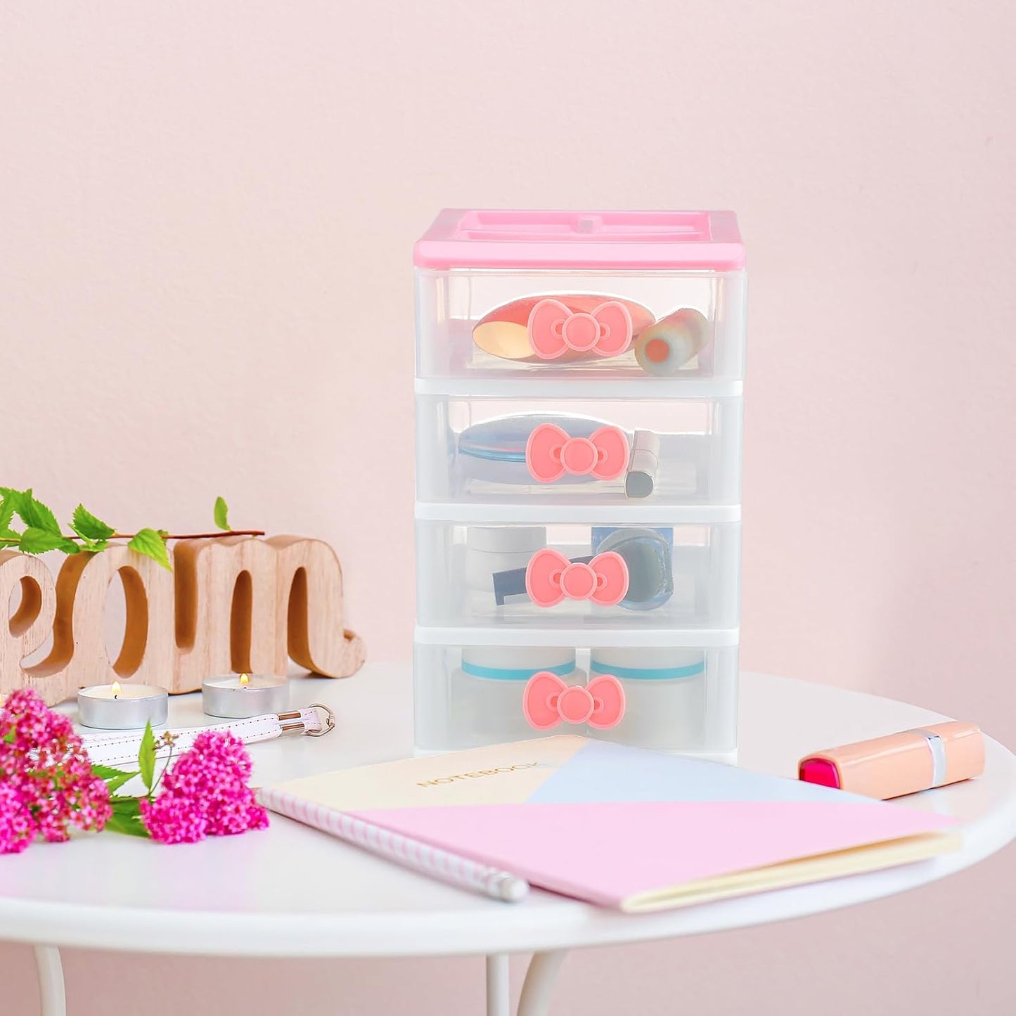 Lovely Receiving Storage Cabinets Kawaii Makeup Organizer with 4 Layers Cute Storage Cabinet Box with Bow Handle Plastic Desktop Storage Box for Home Bedroom Bathroom Women Gifts(Clear)