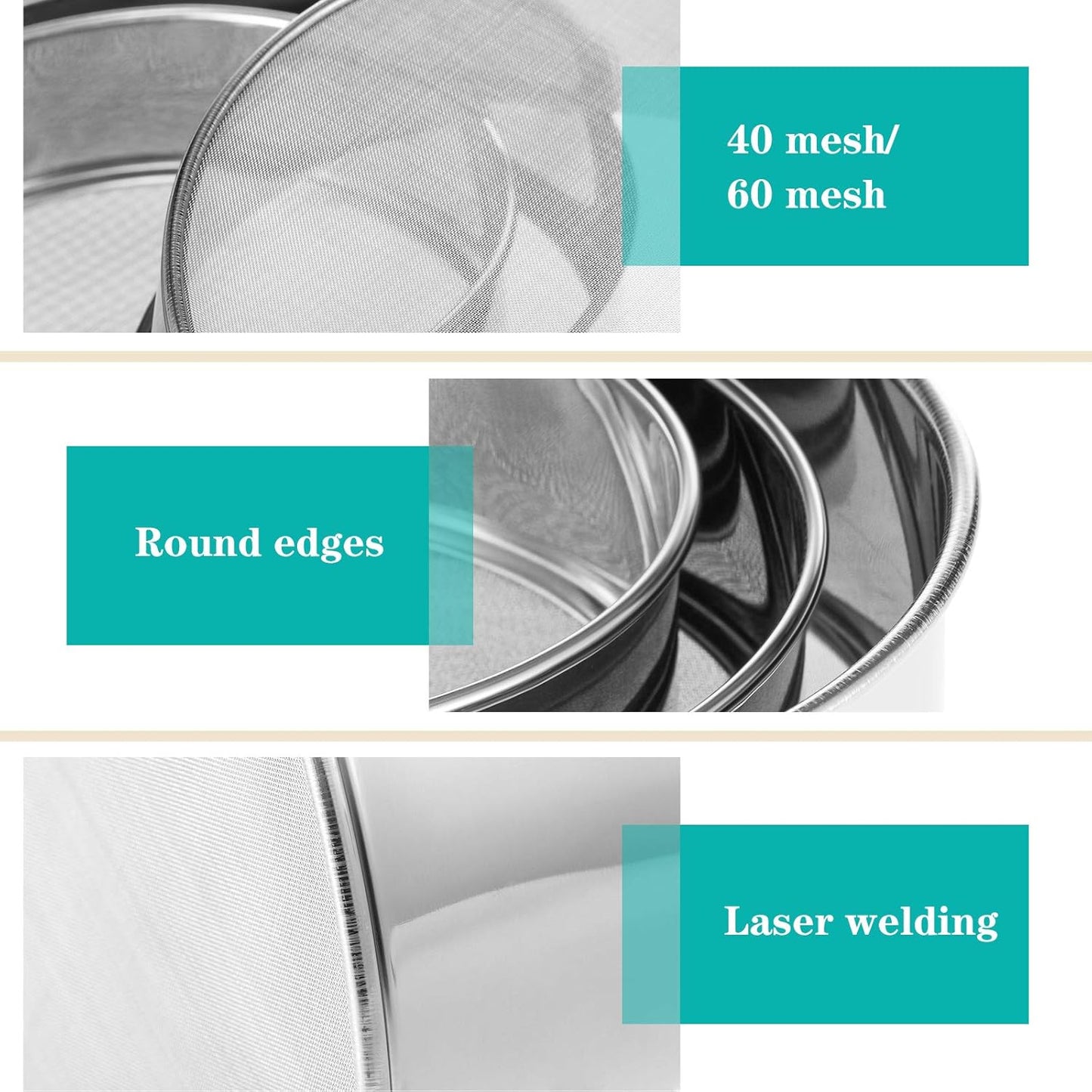3 Pcs Stainless Steel Round Flour Sifter Sieve Fine Mesh for Bake Decorate Cakes, Pies, Pastries, Cupcakes (6 Inch and 8 Inch 60 Mesh,7 Inch 40 Mesh)