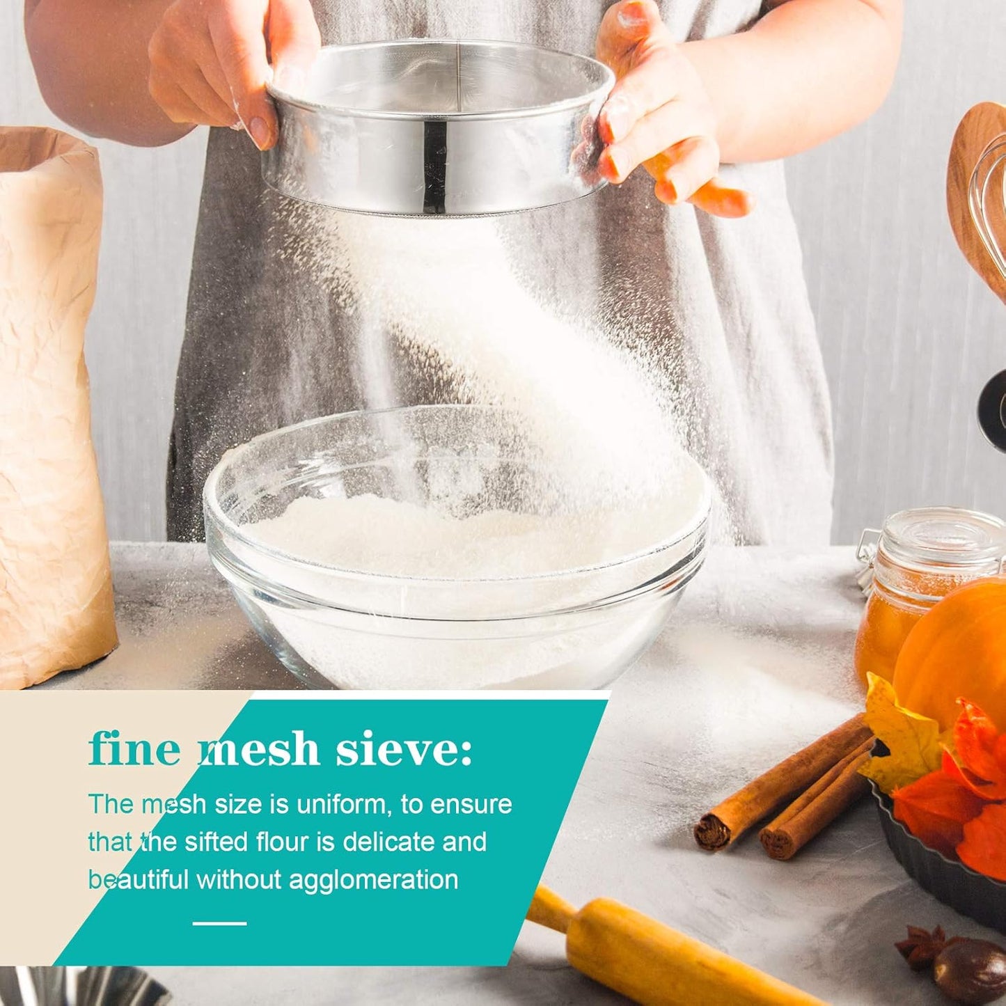 3 Pcs Stainless Steel Round Flour Sifter Sieve Fine Mesh for Bake Decorate Cakes, Pies, Pastries, Cupcakes (6 Inch and 8 Inch 60 Mesh,7 Inch 40 Mesh)