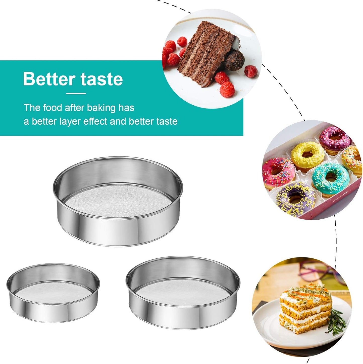 3 Pcs Stainless Steel Round Flour Sifter Sieve Fine Mesh for Bake Decorate Cakes, Pies, Pastries, Cupcakes (6 Inch and 8 Inch 60 Mesh,7 Inch 40 Mesh)