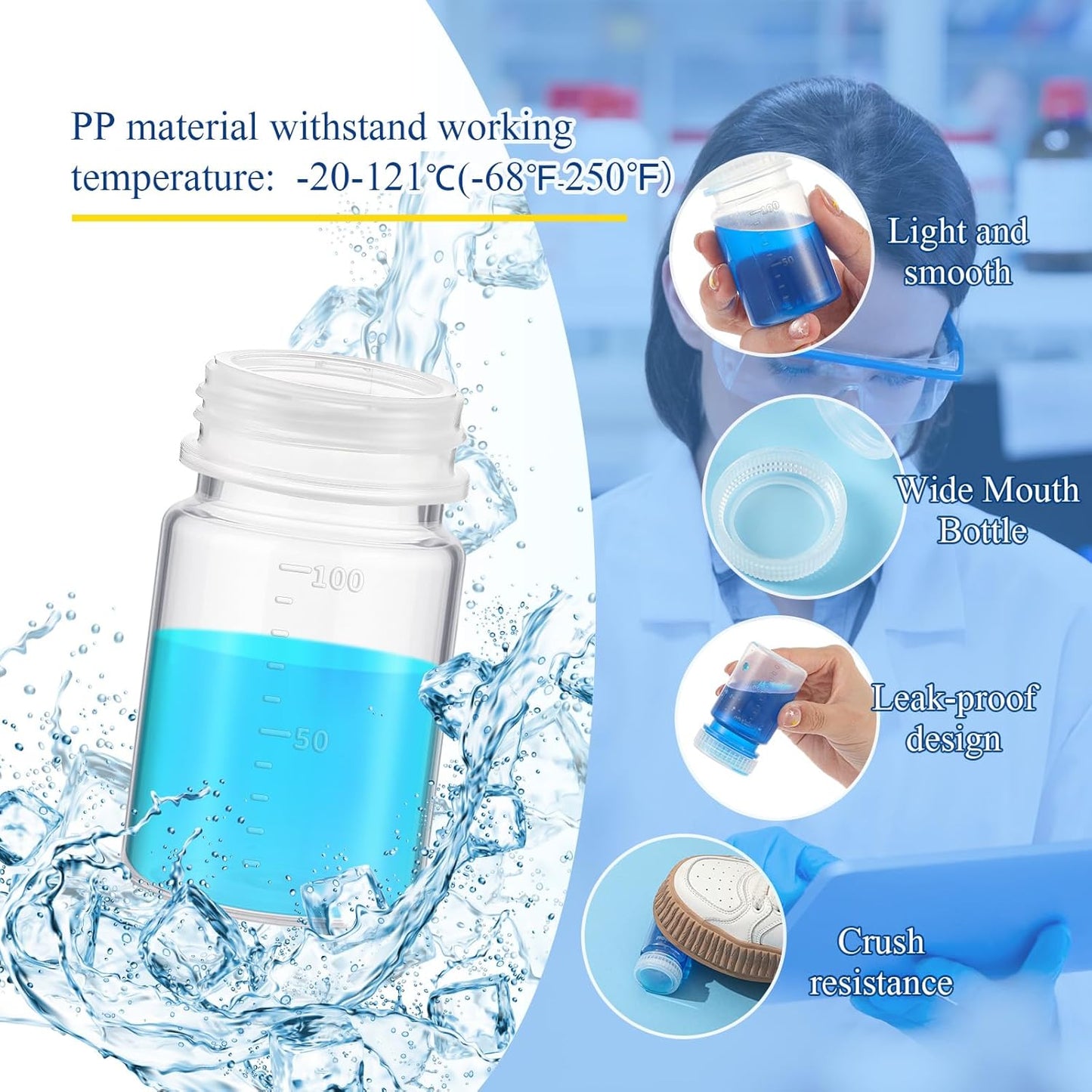 12 Pcs Plastic Sample Bottles with Screw Cap, Liquid Containers with Lid for Lab Reagent Sample Medicine Pill Water Storage, Travel Bottles(Clear,3oz 100ml,Wide Mouth-white Scale)