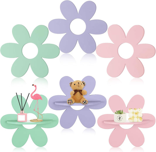 6 Pcs Daisy Flower Shaped Wall Floating Shelves, Small Cute Wooden Flower Shelf Wall Decor for Girls Bedroom, Nursery, Dorm and Living Room, Colorful Funky Kawaii Aesthetic Room Decor