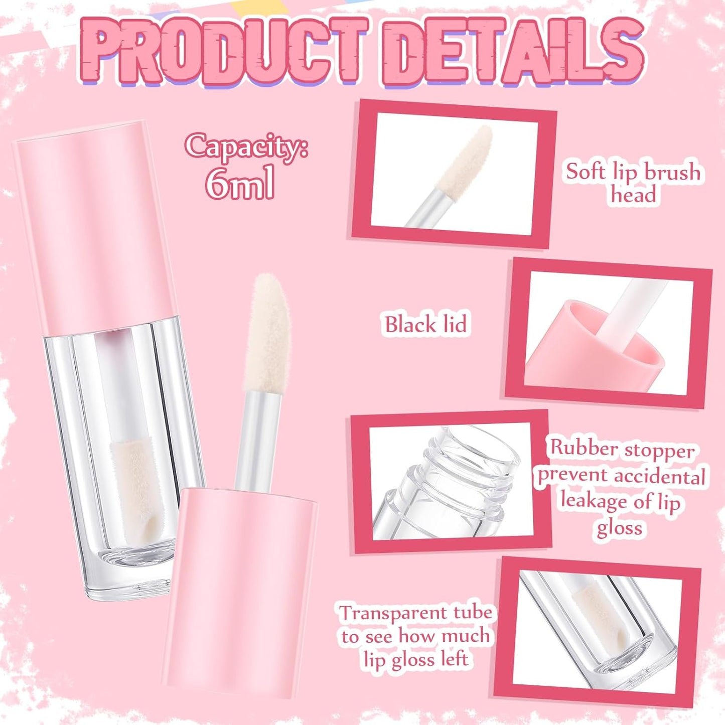 30 Pcs Pink 6ml Empty Lip Gloss Tubes with Wand Bulk Lip Refillable Gloss Containers Cosmetic Bottles with Rubber Stoppers for Lipstick Eyelash Growth Liquid DIY Makeup Kit