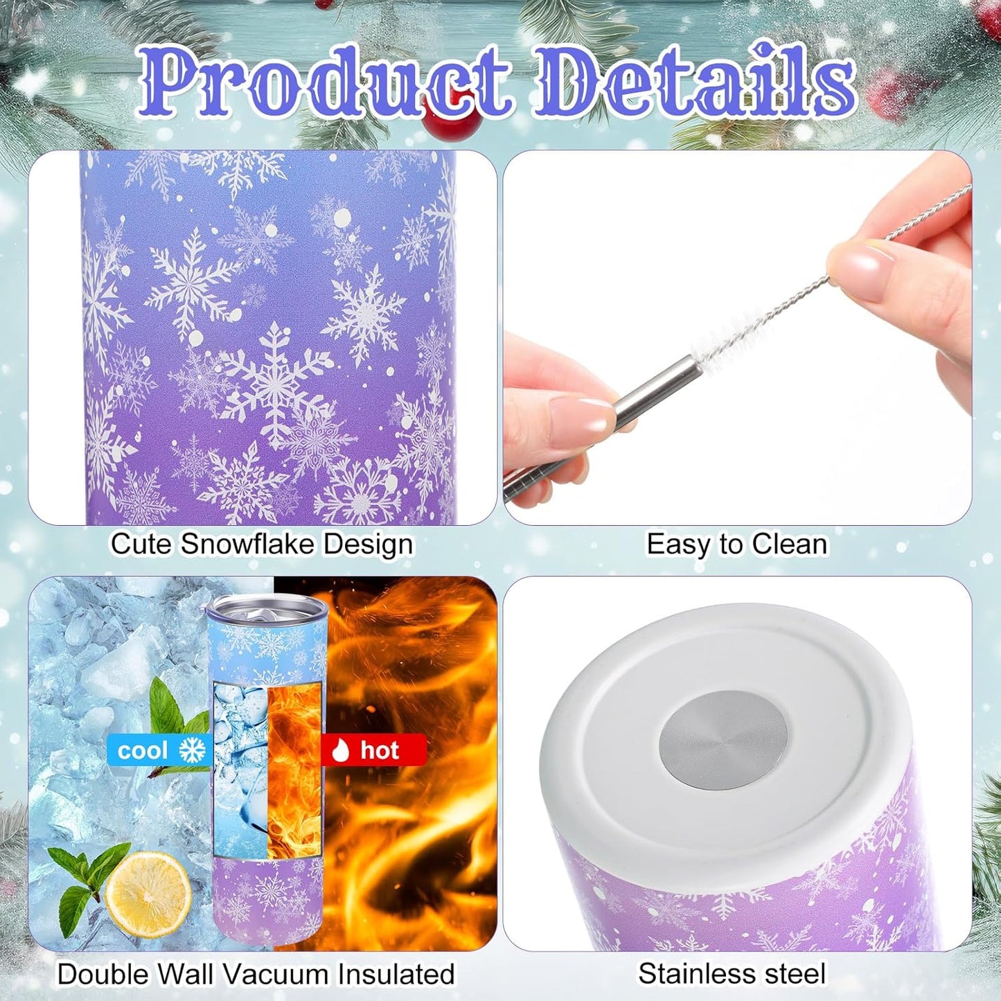 Winter Snowflake Tumbler with Lid Straw 20 oz Stainless Steel Tumbler Snowflake Insulated Skinny Travel Cup Coffee Mug with Straw Brush for Winter Holiday Birthday Party Gifts(Blue)