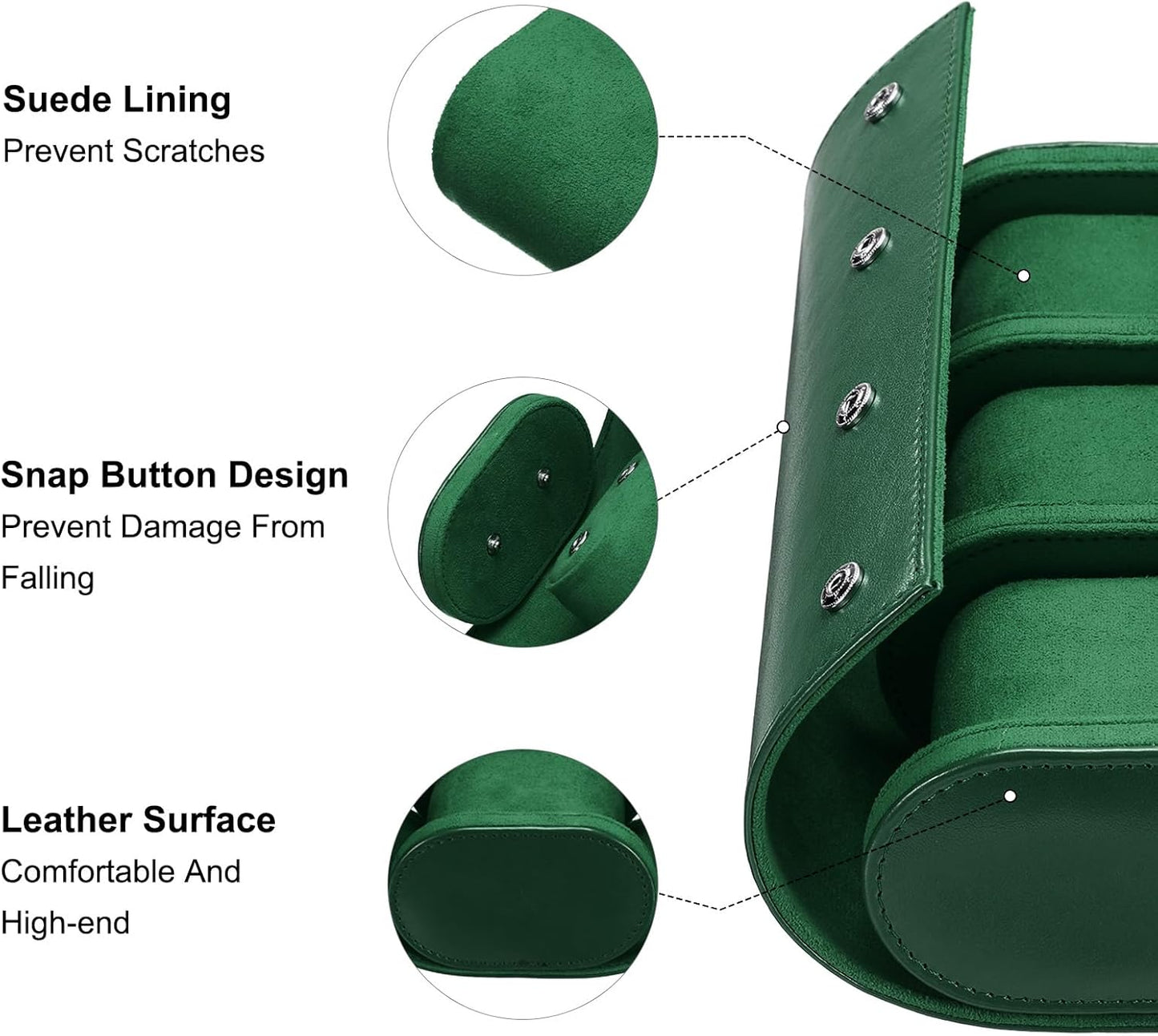 Leather Watch Travel Case Single Watch Roll Storage Box Organizer for Men Women Holding Storaging Displaying, 3 Slot, Green