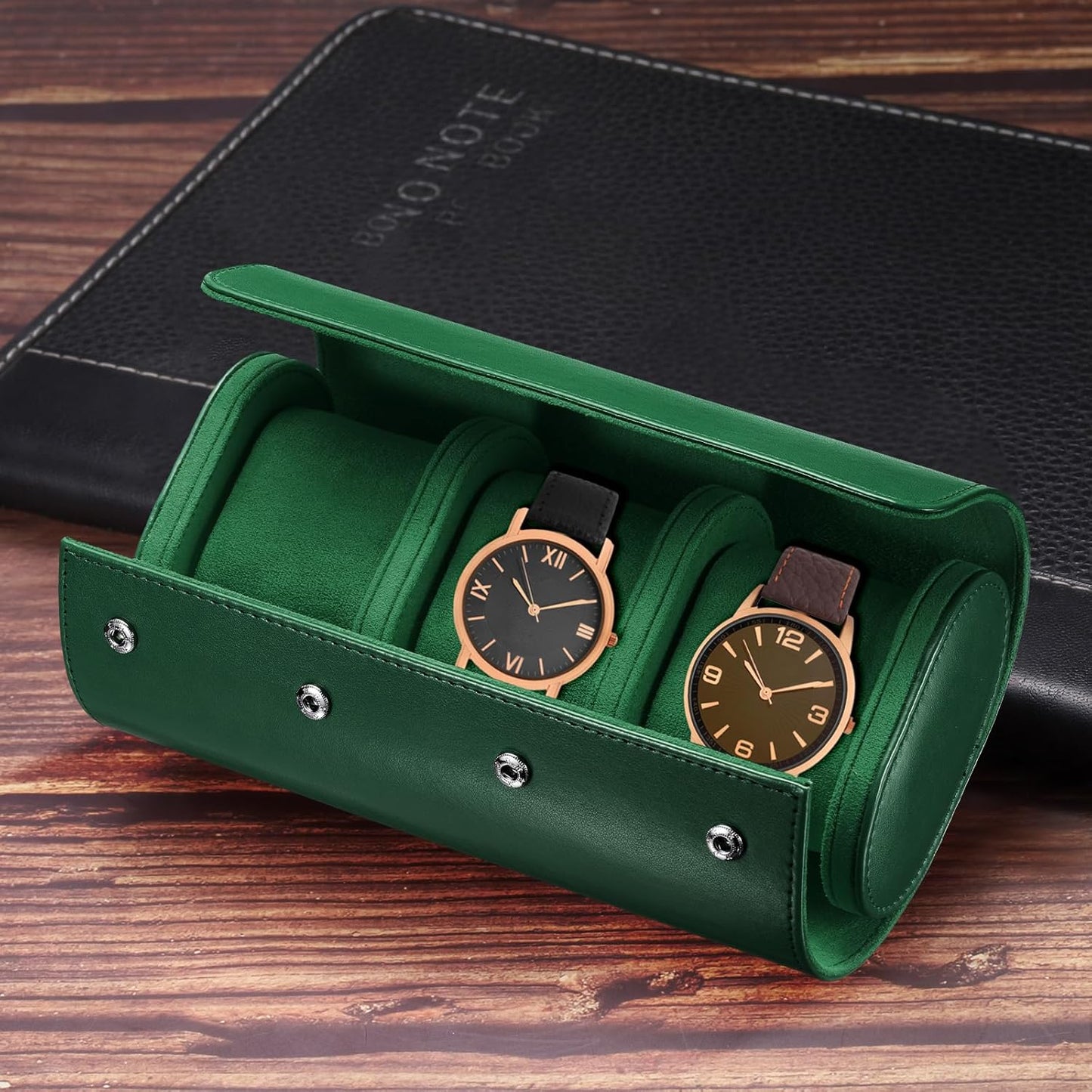 Leather Watch Travel Case Single Watch Roll Storage Box Organizer for Men Women Holding Storaging Displaying, 3 Slot, Green