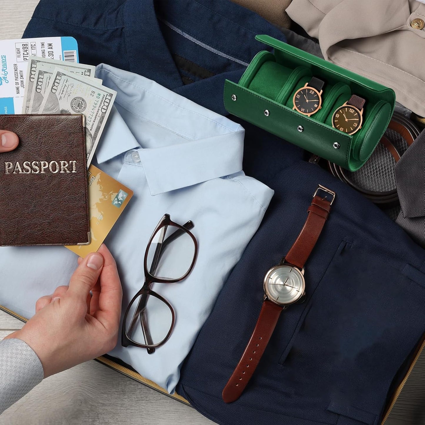 Leather Watch Travel Case Single Watch Roll Storage Box Organizer for Men Women Holding Storaging Displaying, 3 Slot, Green