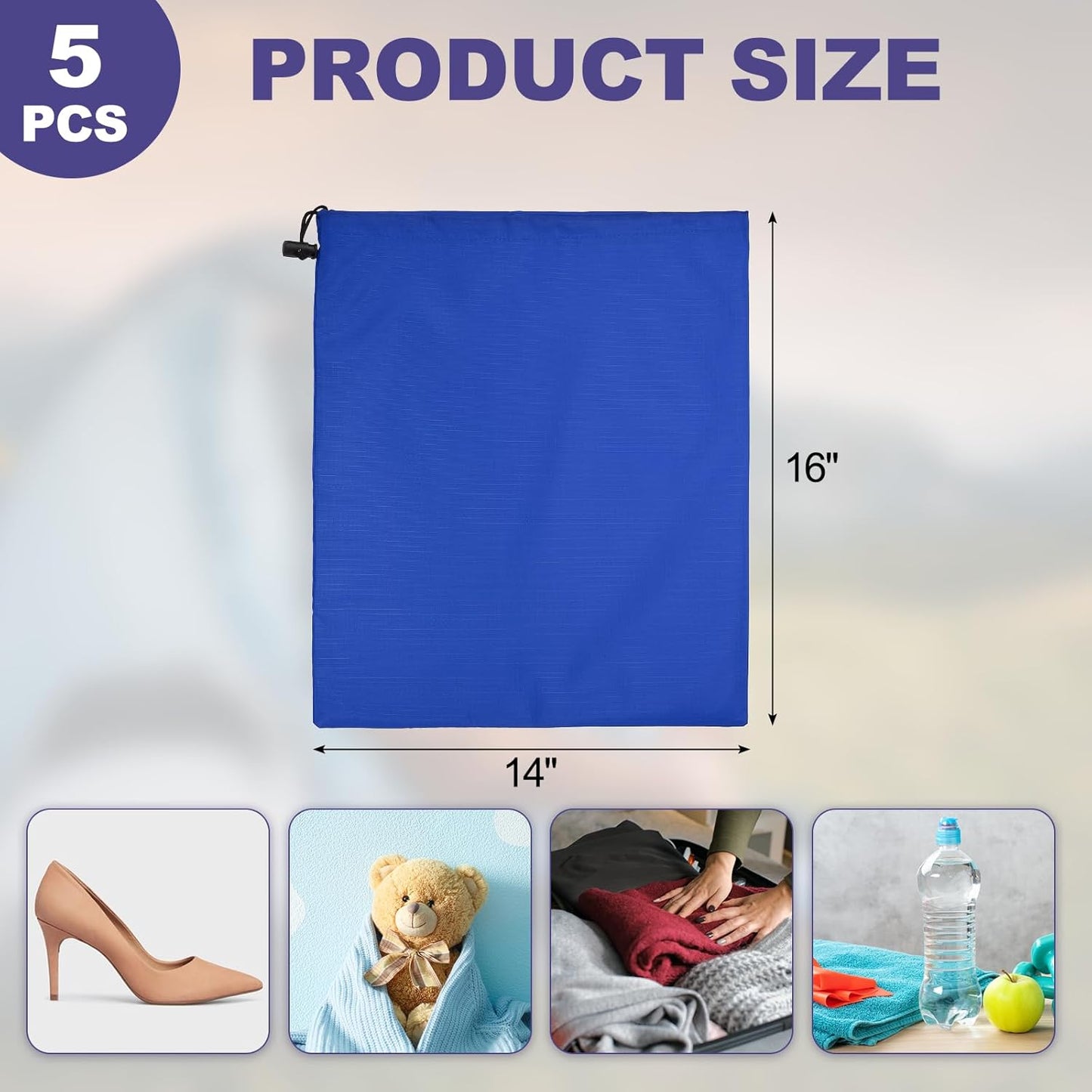 5Pcs 210D Polyester Drawstring Bag with Toggle, 14 x 16 Inch Waterproof Travel Storage Bag Foldable Stuff Sack Cinch Sack for Gym Travel Hiking Yoga Clothes Organizer, Dark Blue