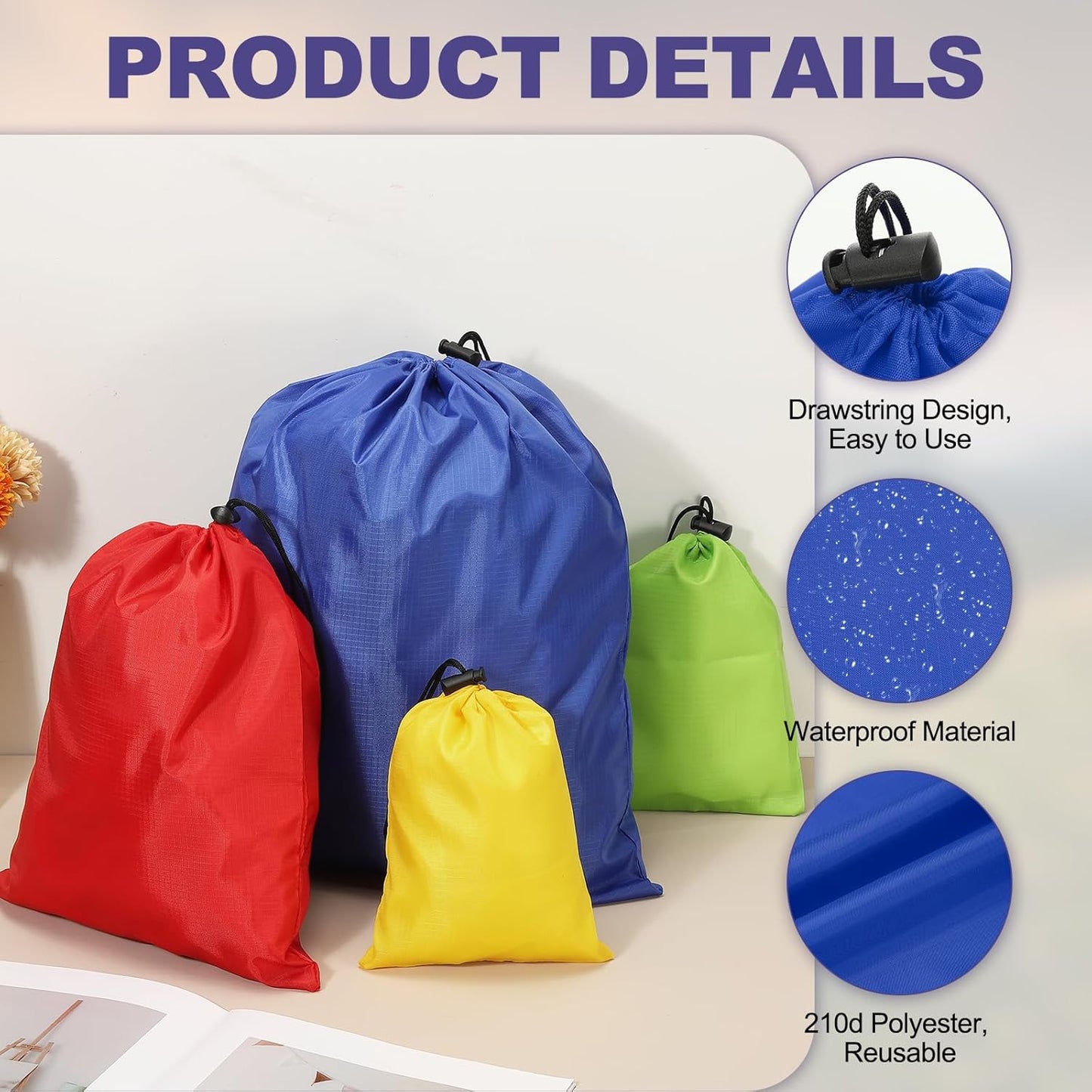 5Pcs 210D Polyester Drawstring Bag with Toggle, 14 x 16 Inch Waterproof Travel Storage Bag Foldable Stuff Sack Cinch Sack for Gym Travel Hiking Yoga Clothes Organizer, Dark Blue