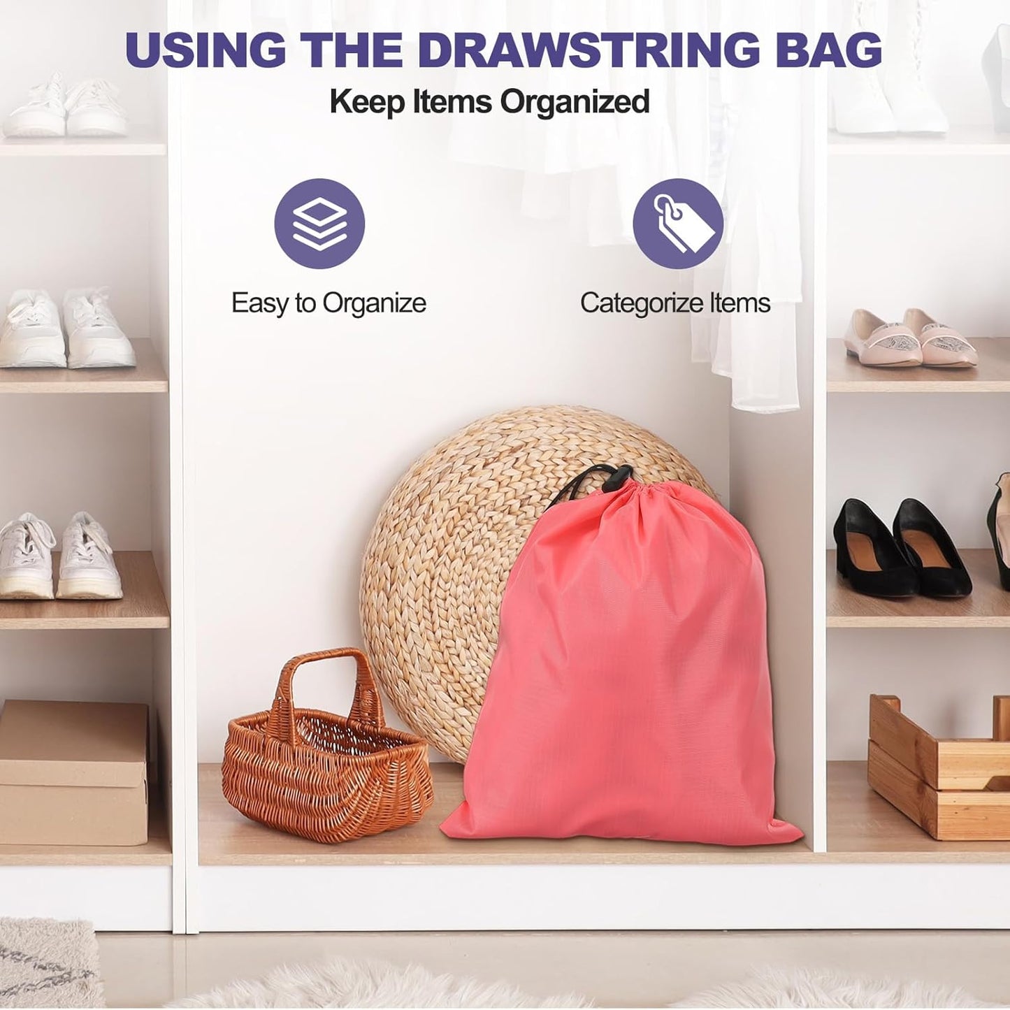 5Pcs 210D Polyester Drawstring Bag with Toggle, 14 x 16 Inch Waterproof Travel Storage Bag Foldable Stuff Sack Cinch Sack for Gym Travel Hiking Yoga Clothes Organizer, Dark Blue