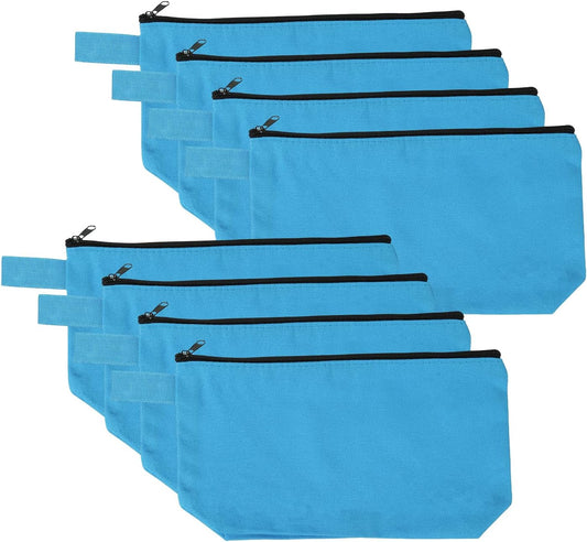 8 Pcs Cotton Canvas Makeup Bag, 7.5x5.1 Makeup Pouch with Zipper and Strap, Multipurpose Plain Toiletry Zipper Pouches Blank DIY Craft Pencil Bag for Women Teens, Light Blue