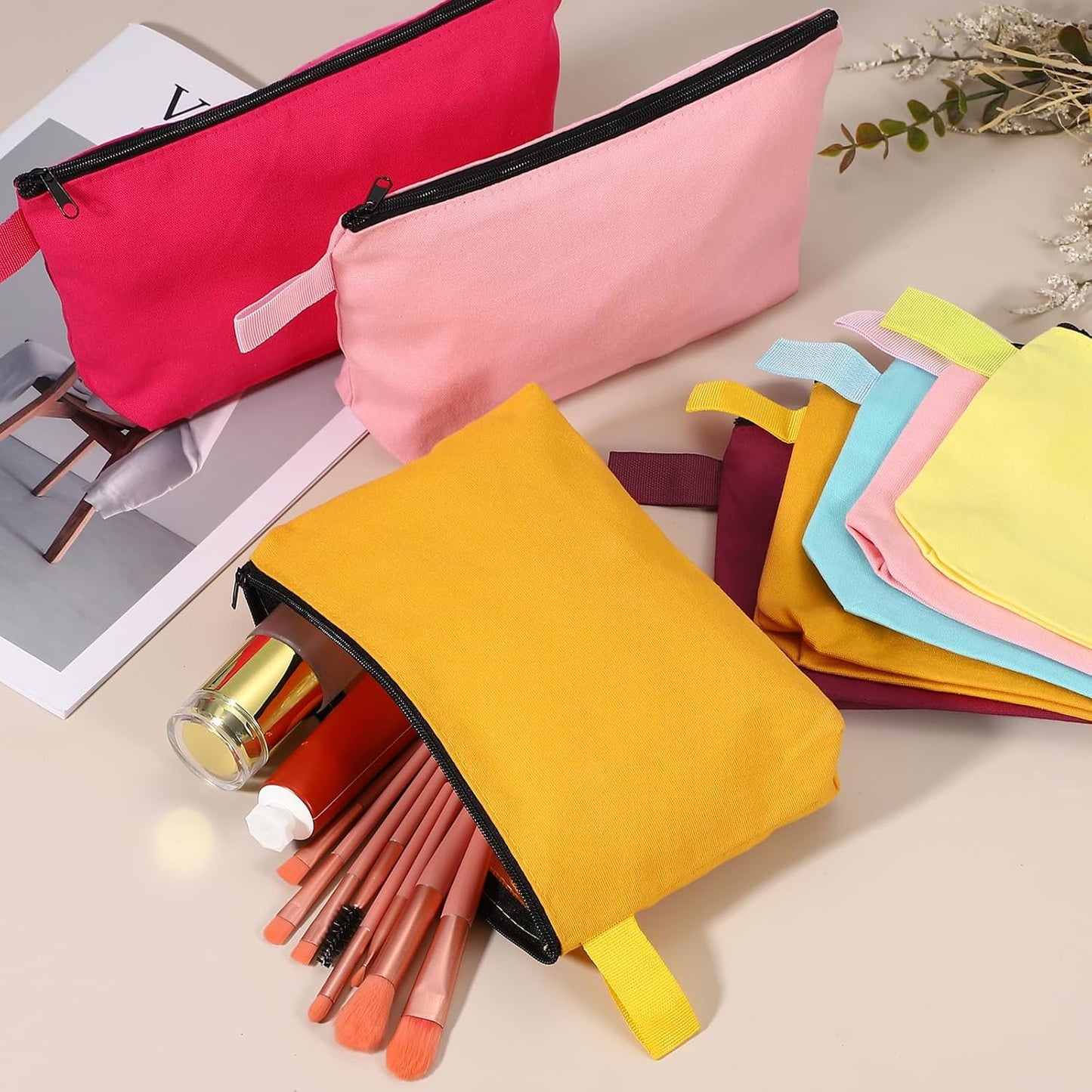 8 Pcs Cotton Canvas Makeup Bag, 7.5x5.1 Makeup Pouch with Zipper and Strap, Multipurpose Plain Toiletry Zipper Pouches Blank DIY Craft Pencil Bag for Women Teens, Light Blue