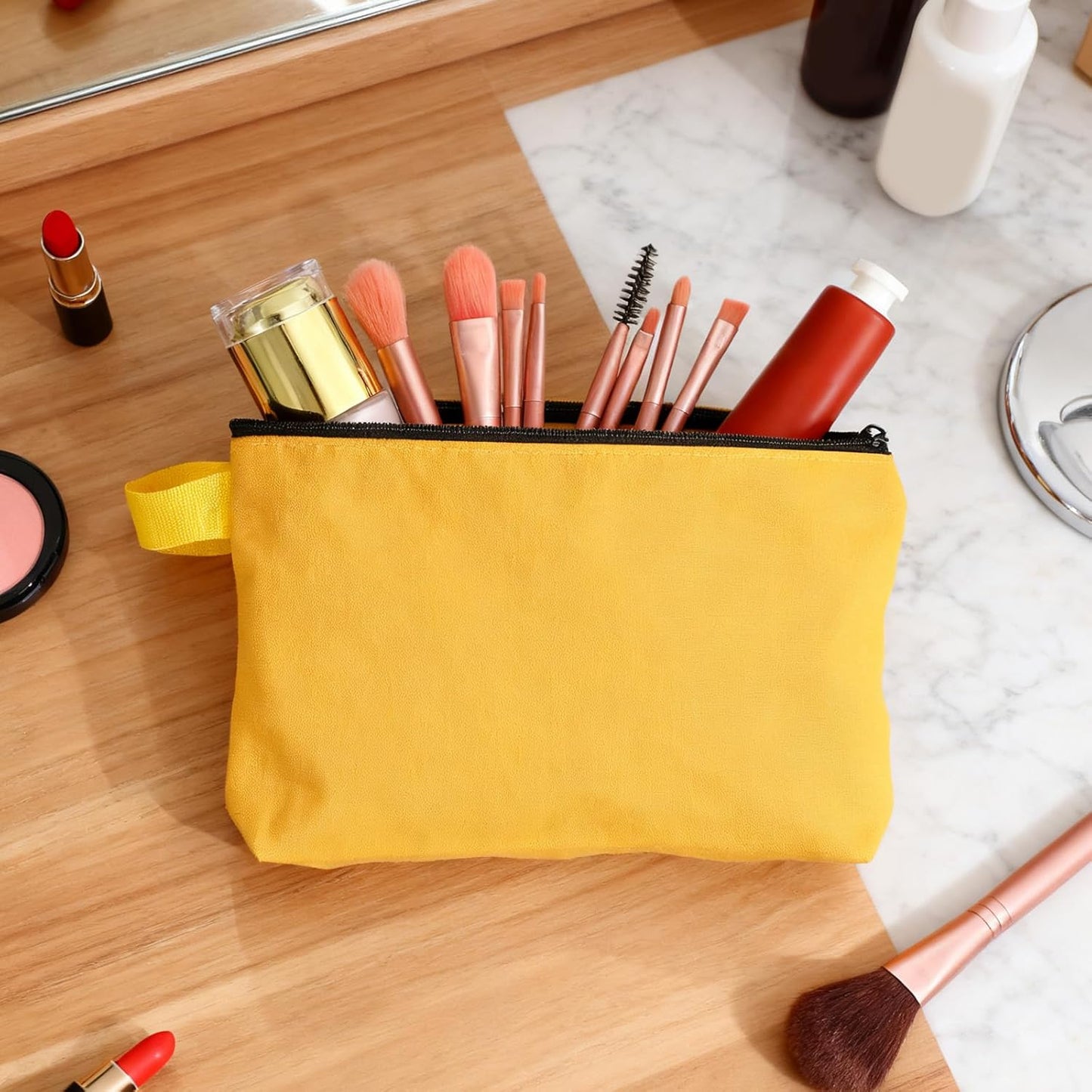 8 Pcs Cotton Canvas Makeup Bag, 7.5x5.1 Makeup Pouch with Zipper and Strap, Multipurpose Plain Toiletry Zipper Pouches Blank DIY Craft Pencil Bag for Women Teens, Light Blue